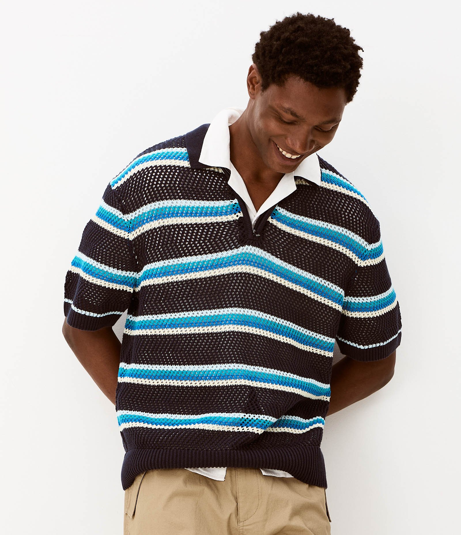 Camisa Polo com Estampa de Listras e Trama Vazada Azul 1