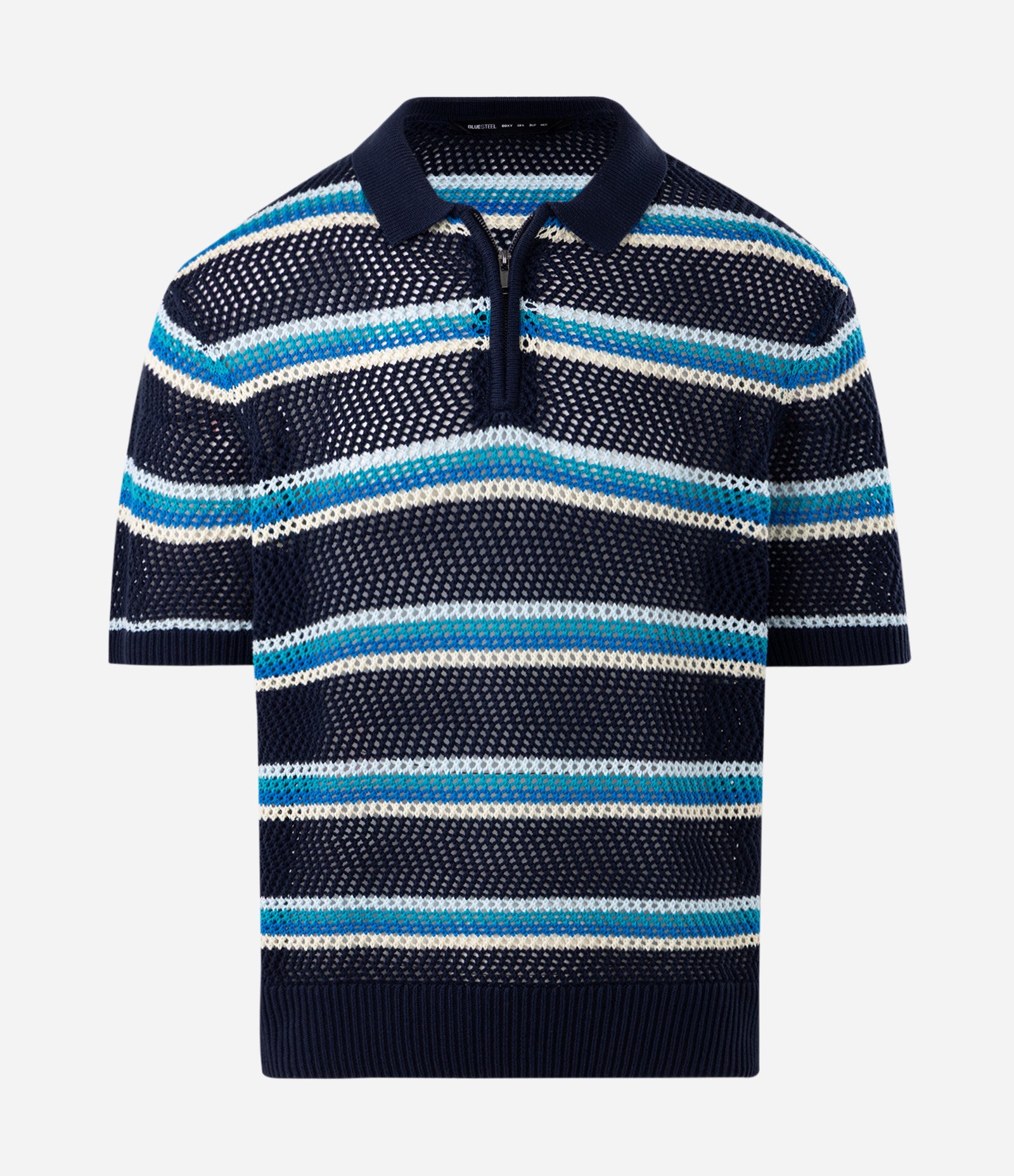 Camisa Polo com Estampa de Listras e Trama Vazada Azul 3