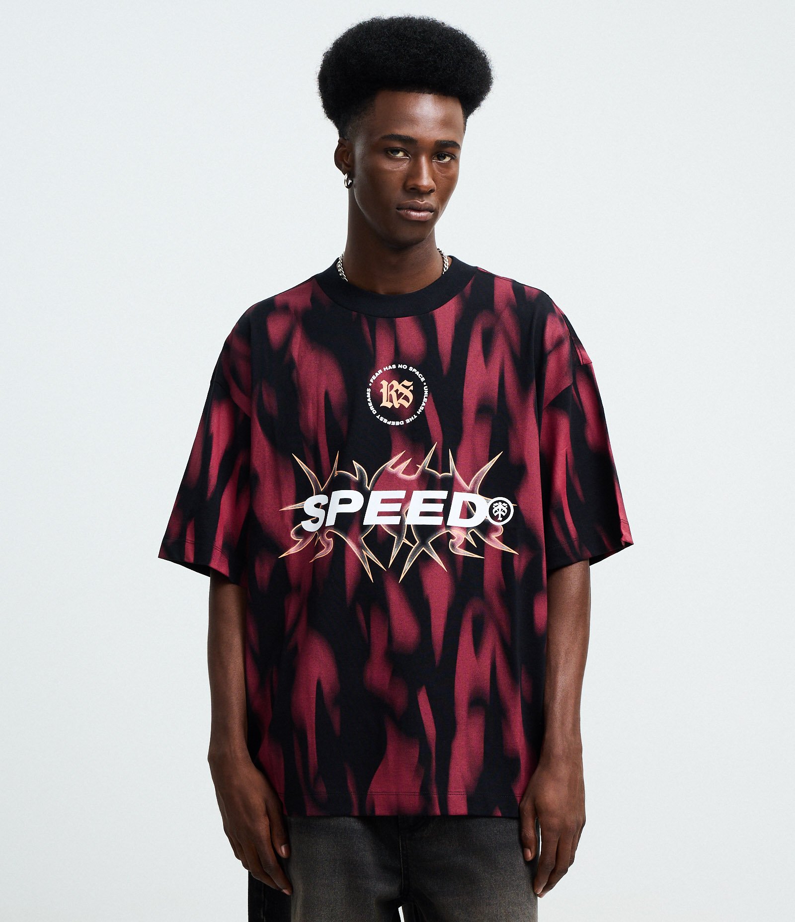 Camiseta Oversized em Algodão com Estampa Tribal "Speed" Tribal Vermelho/Preto 1
