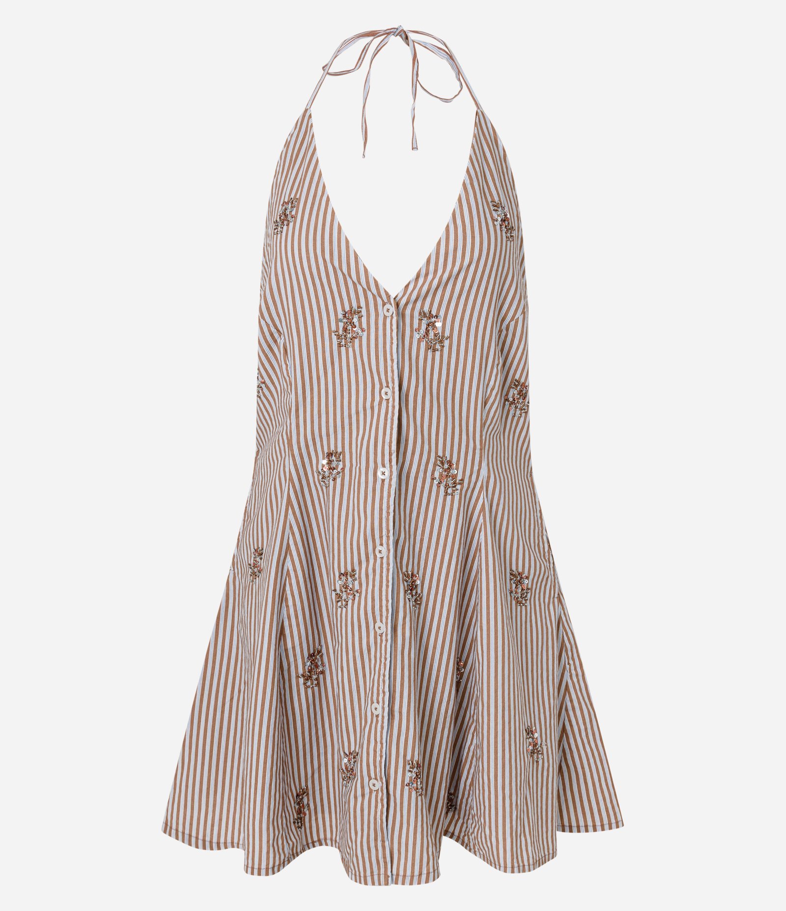 Vestido Curto Frente Única com Estampa de Listras e Bordado Marrom 5