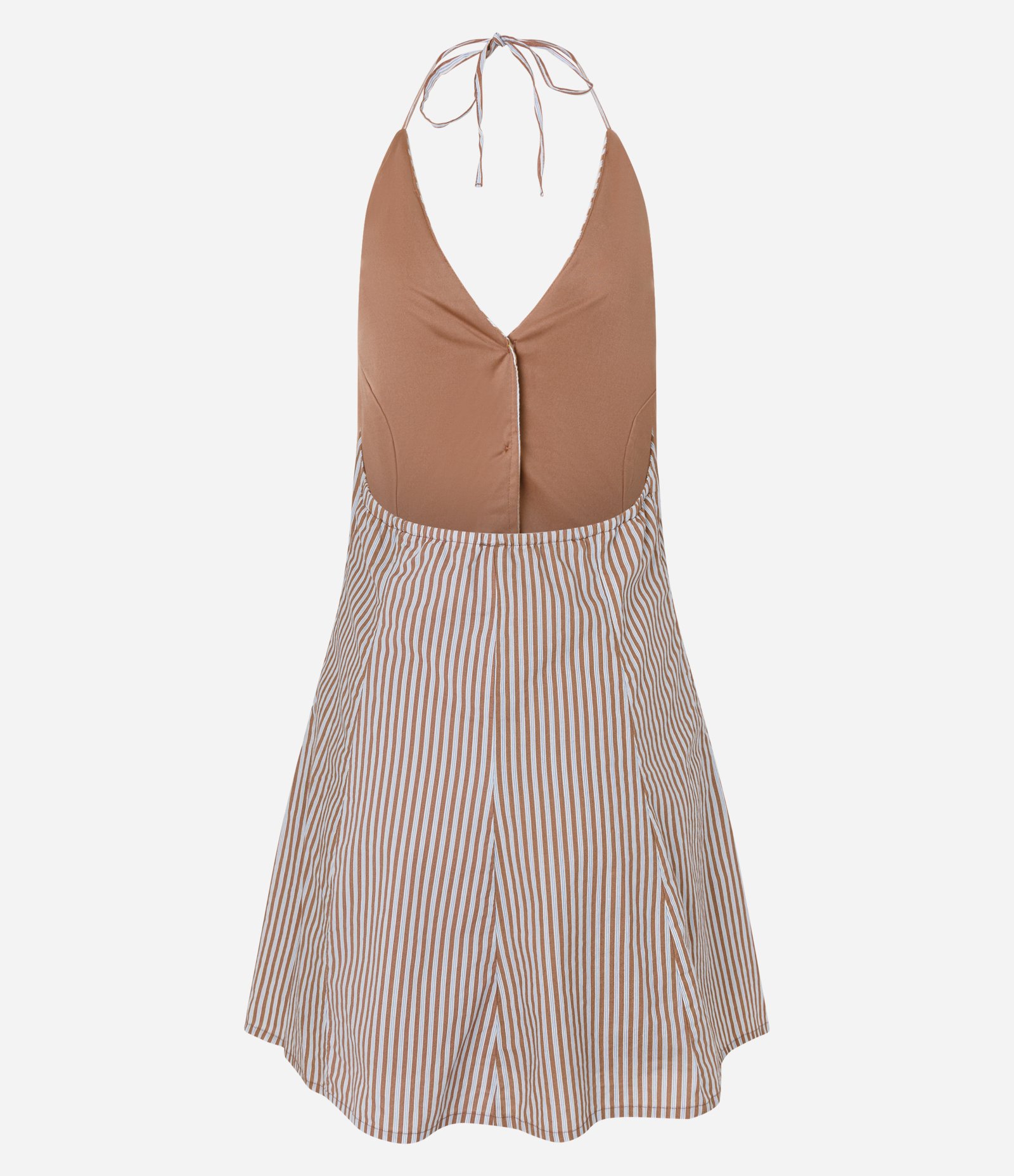Vestido Curto Frente Única com Estampa de Listras e Bordado Marrom 6