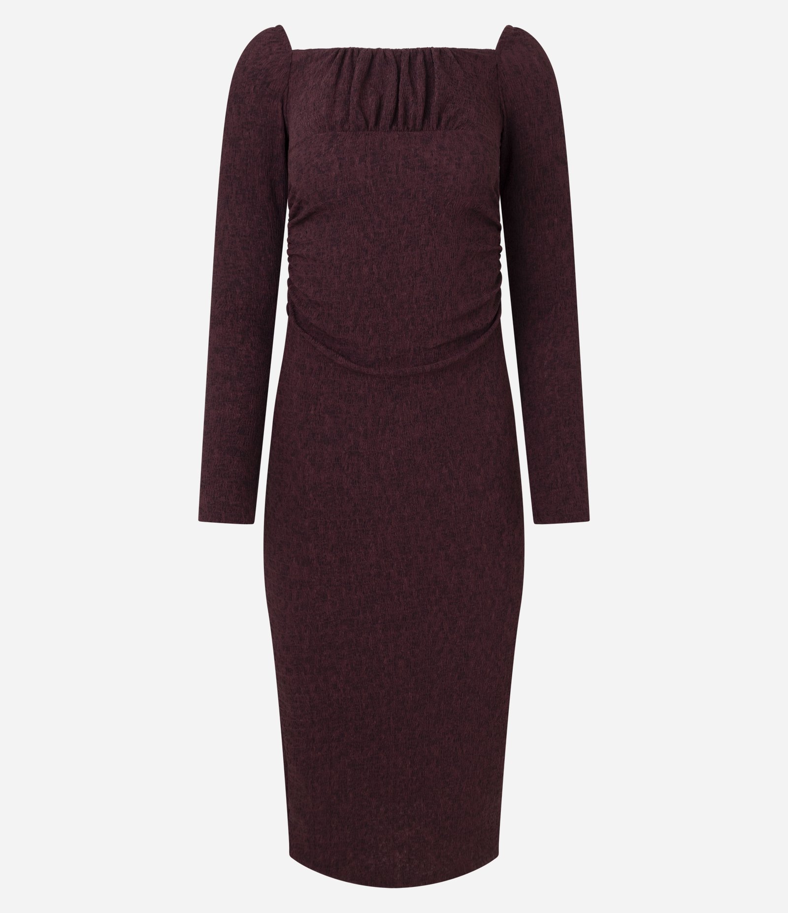 Vestido Midi Texturizado com Decote Quadrado e Franzidos Bordô 1