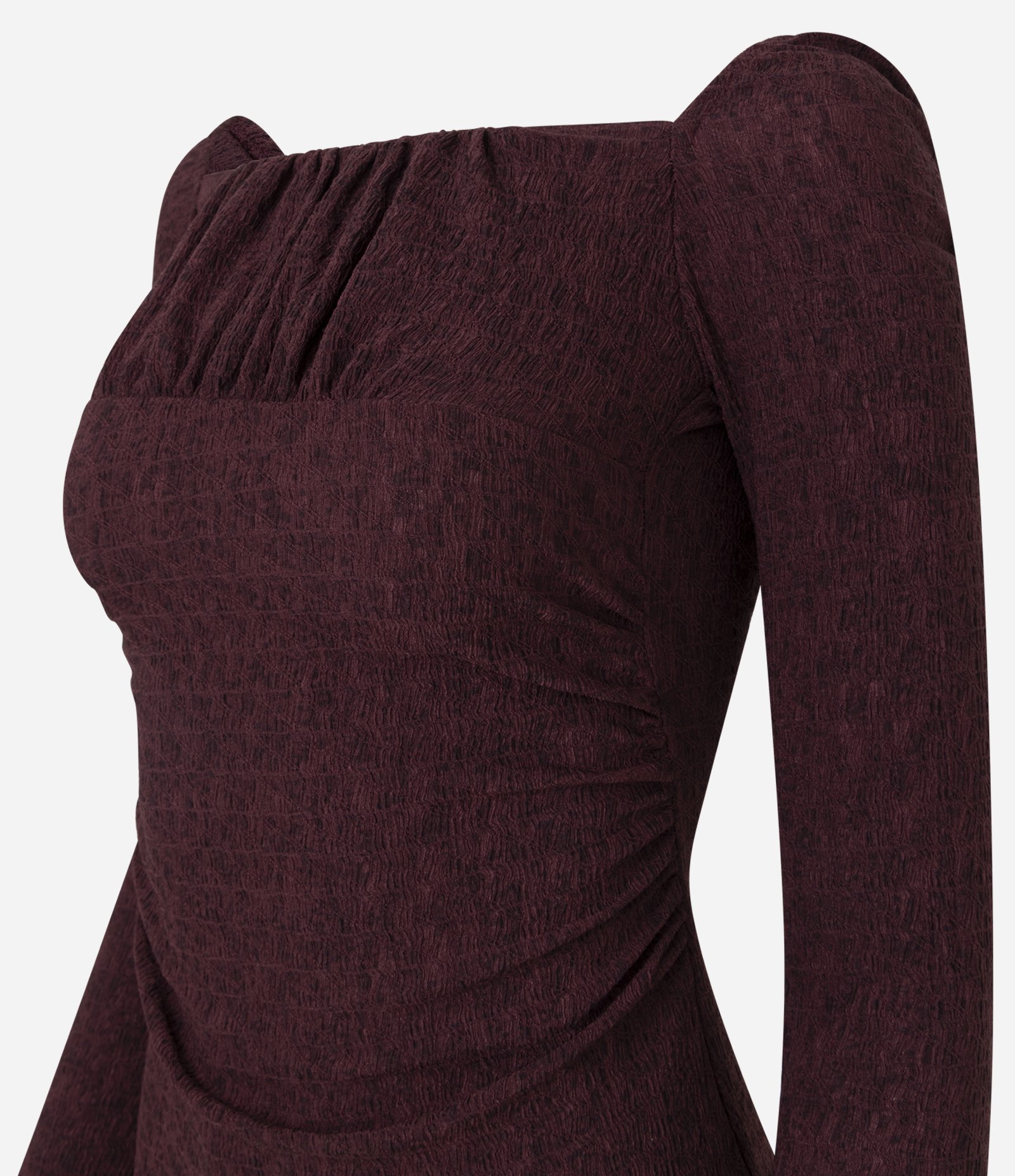 Vestido Midi Texturizado com Decote Quadrado e Franzidos Bordô 2