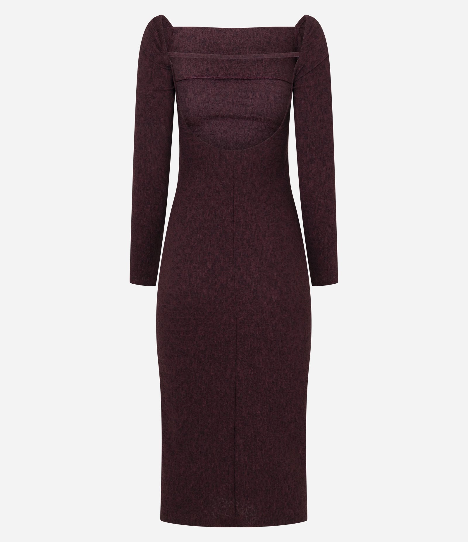 Vestido Midi Texturizado com Decote Quadrado e Franzidos Bordô 3