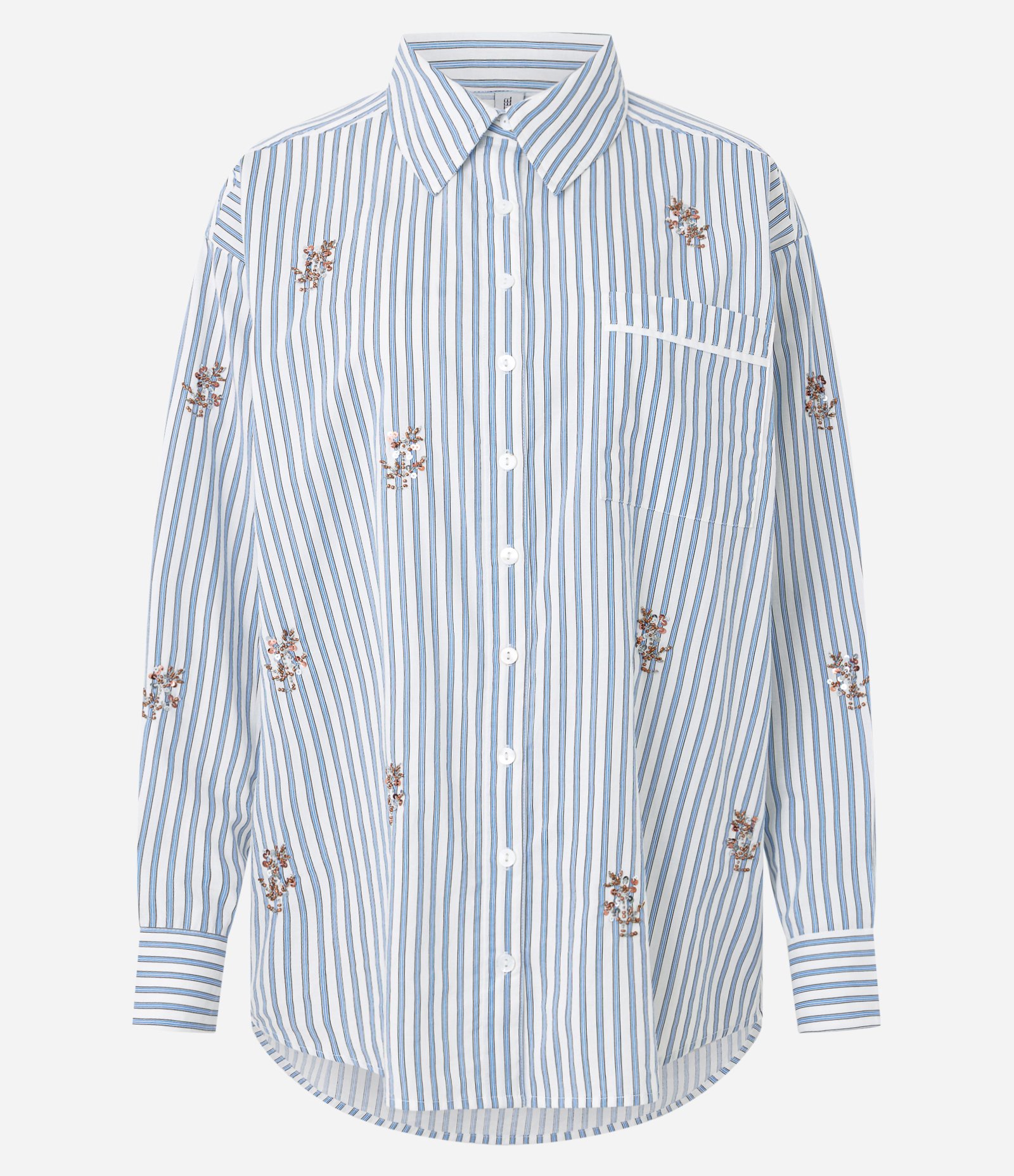 Camisa Oversized em Tricoline Listrado com Bordado de Beads Azul 1