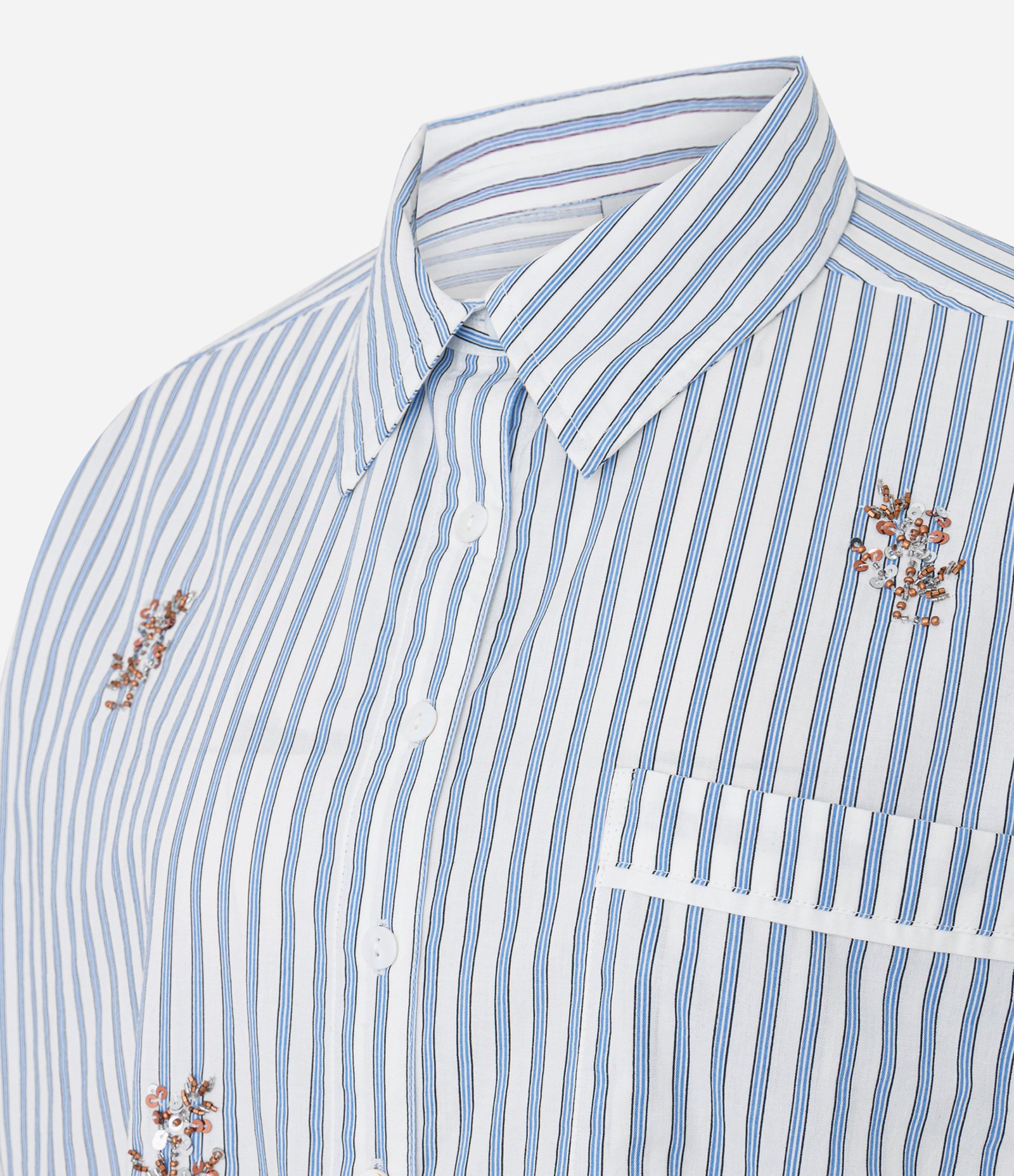 Camisa Oversized em Tricoline Listrado com Bordado de Beads Azul 2