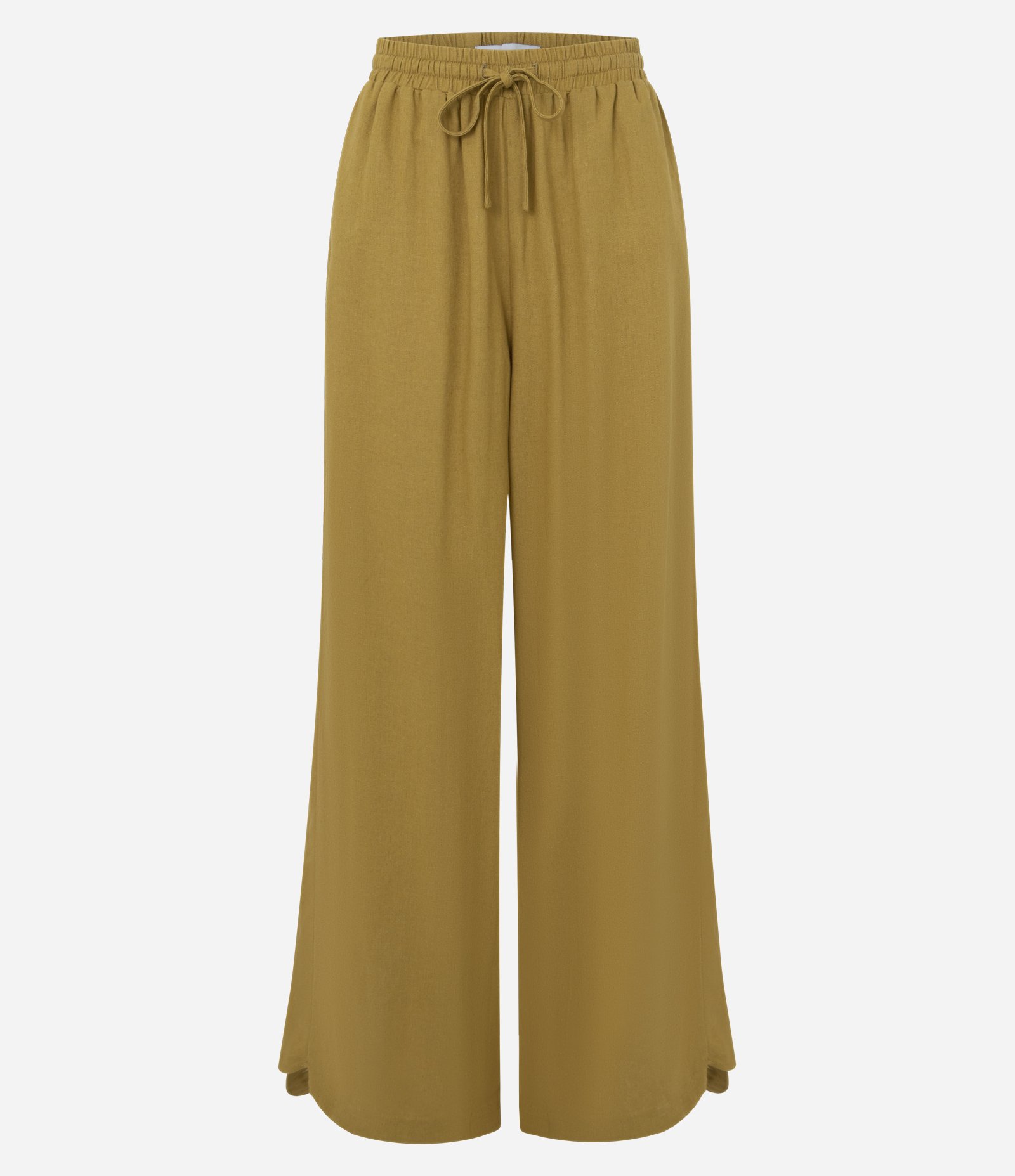 Calça Wide em Viscolinho com Amarração na Cintura Amarelo 1
