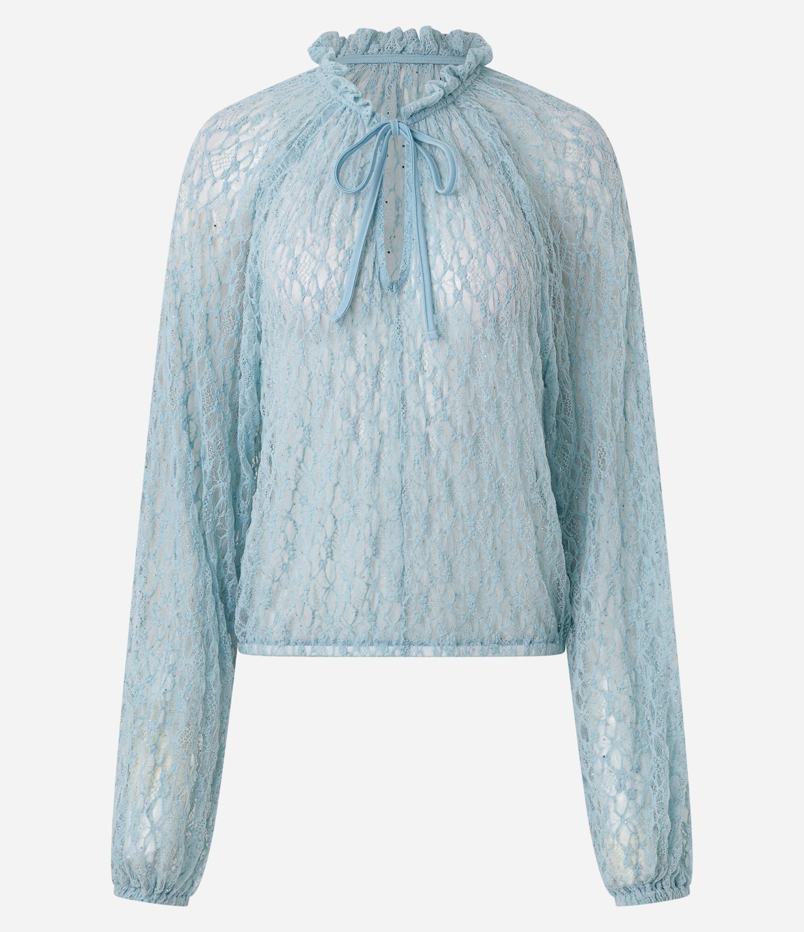 Blusa Bata em Renda Brilhosa com Amarração no Decote Azul Claro 5