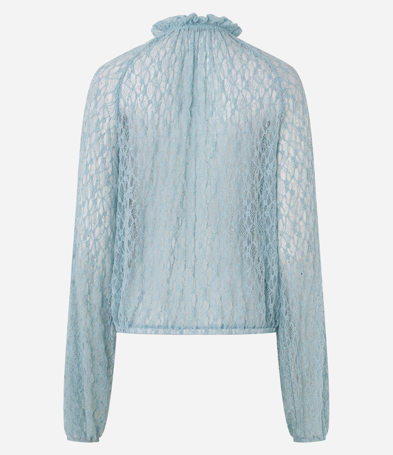Blusa Bata em Renda Brilhosa com Amarração no Decote Azul Claro 6