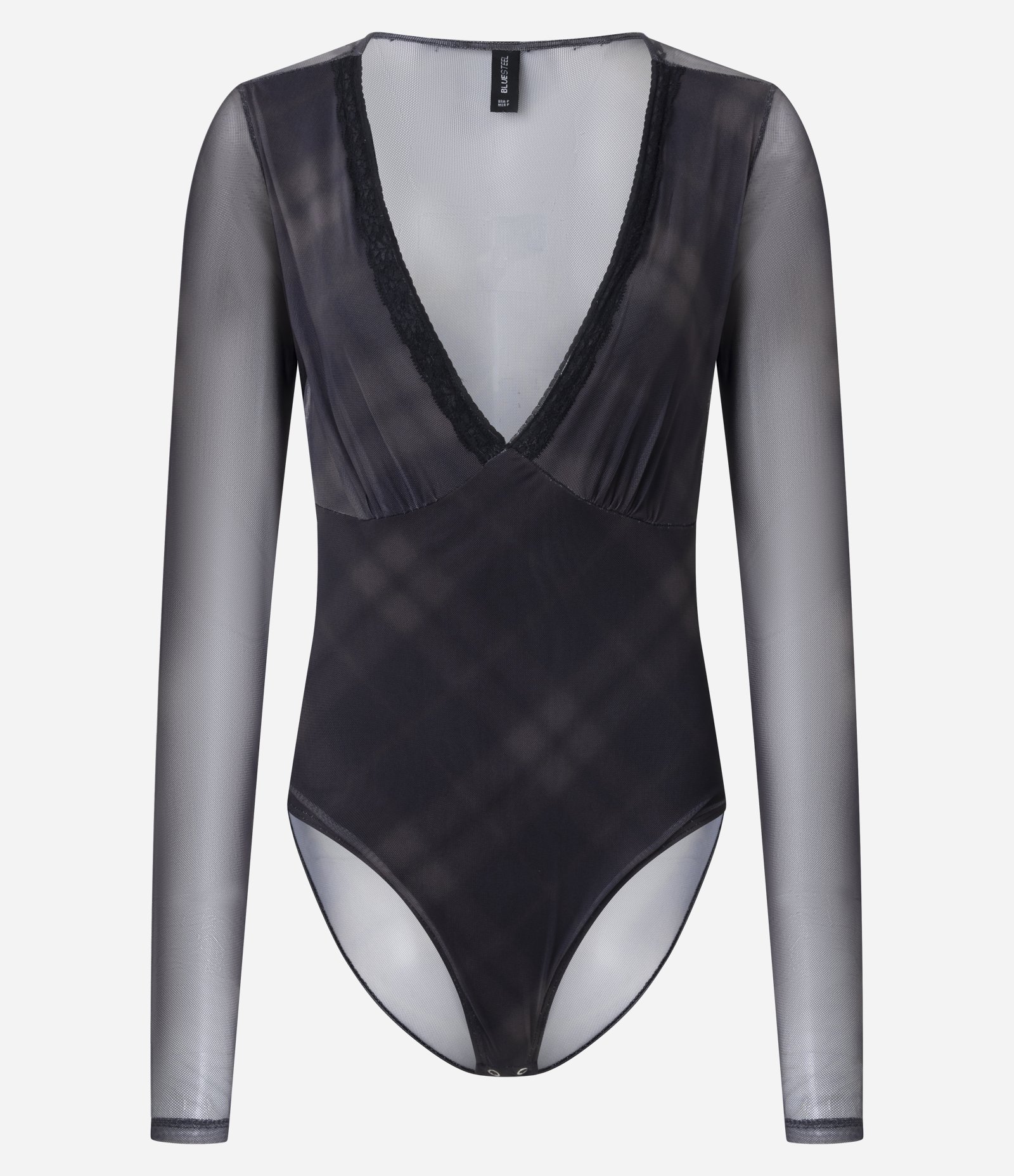 Body em Tule Xadrez com Decote V Rendado Preto 1