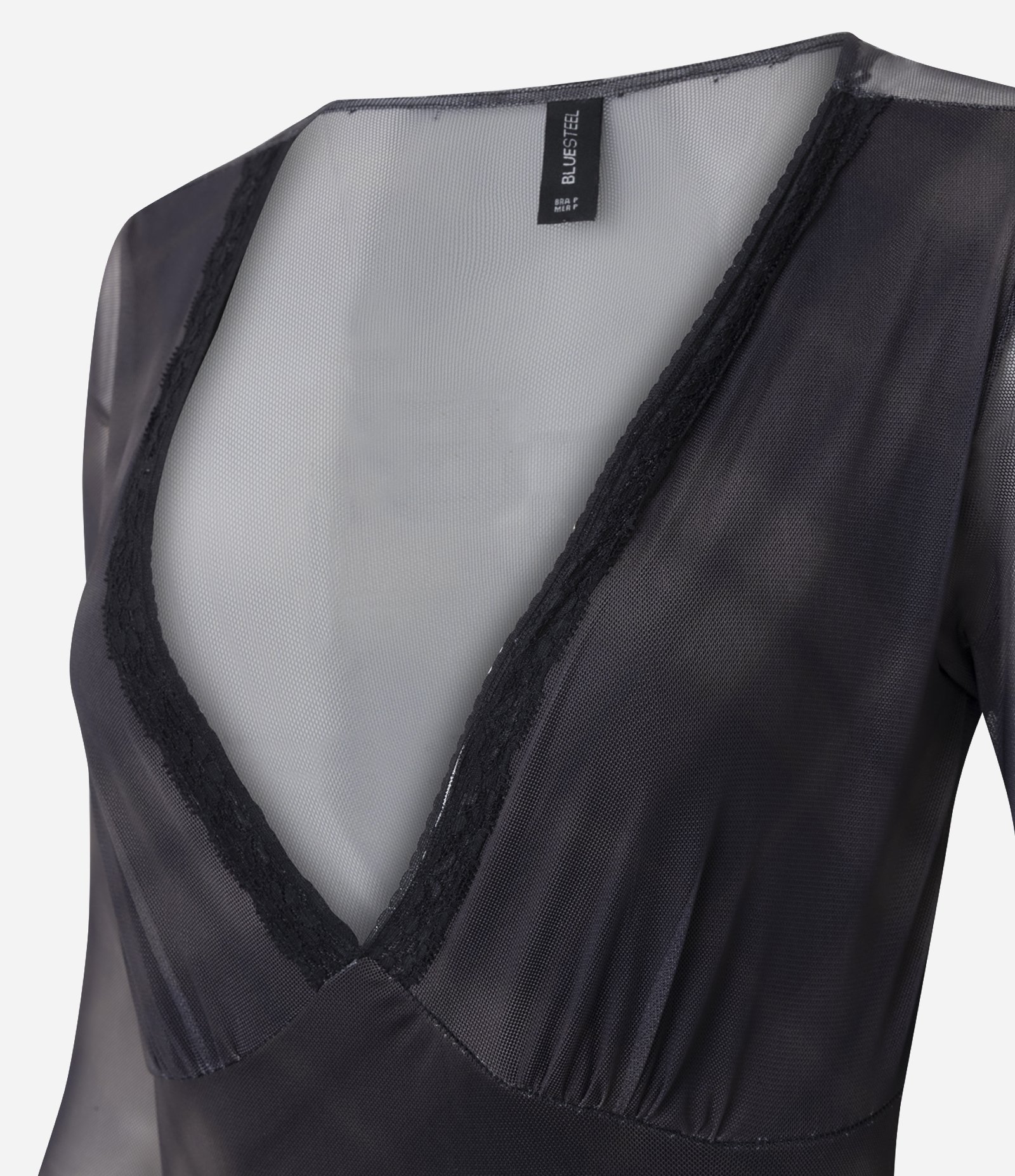 Body em Tule Xadrez com Decote V Rendado Preto 2