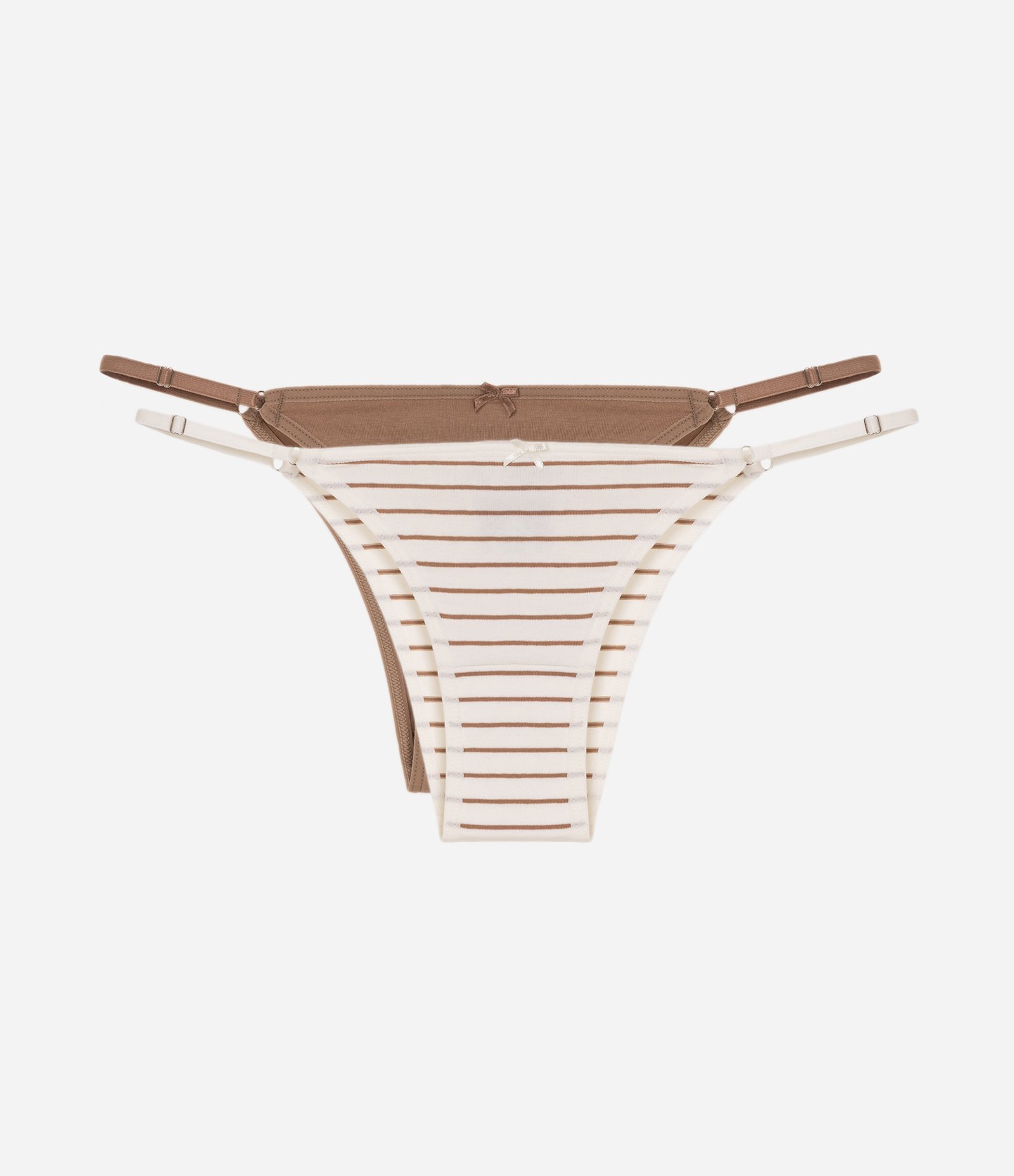 Kit 02 Calcinhas String em Algodão com Laterais Reguláveis Marrom/Branco 1