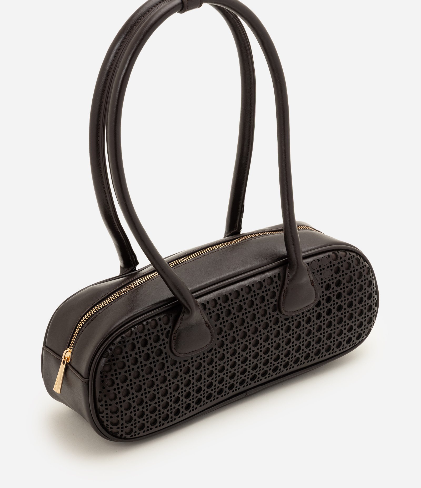 Bolsa Bowling Grande em PU com Trama Vazada Marrom 1