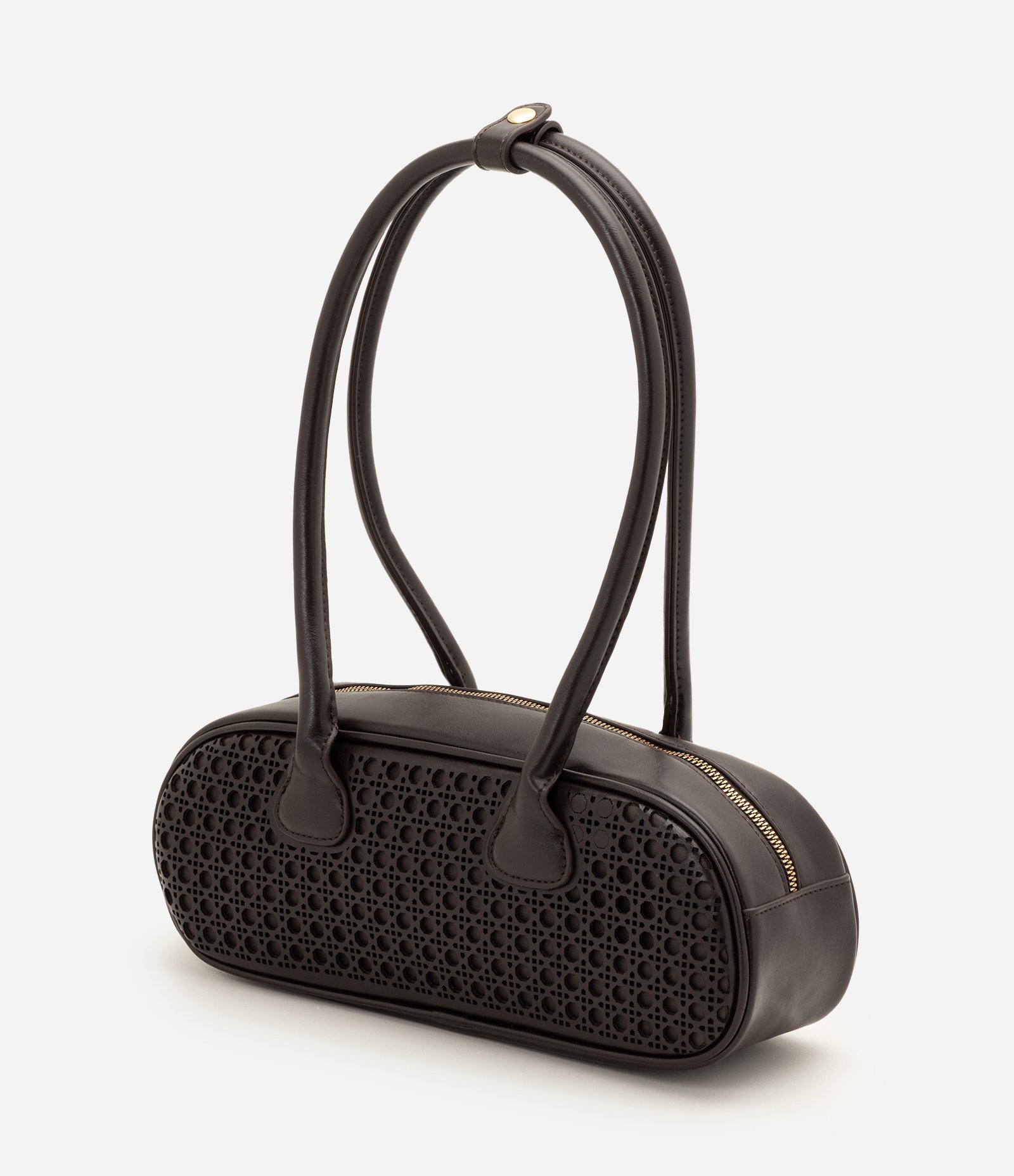 Bolsa Bowling Grande em PU com Trama Vazada Marrom 4