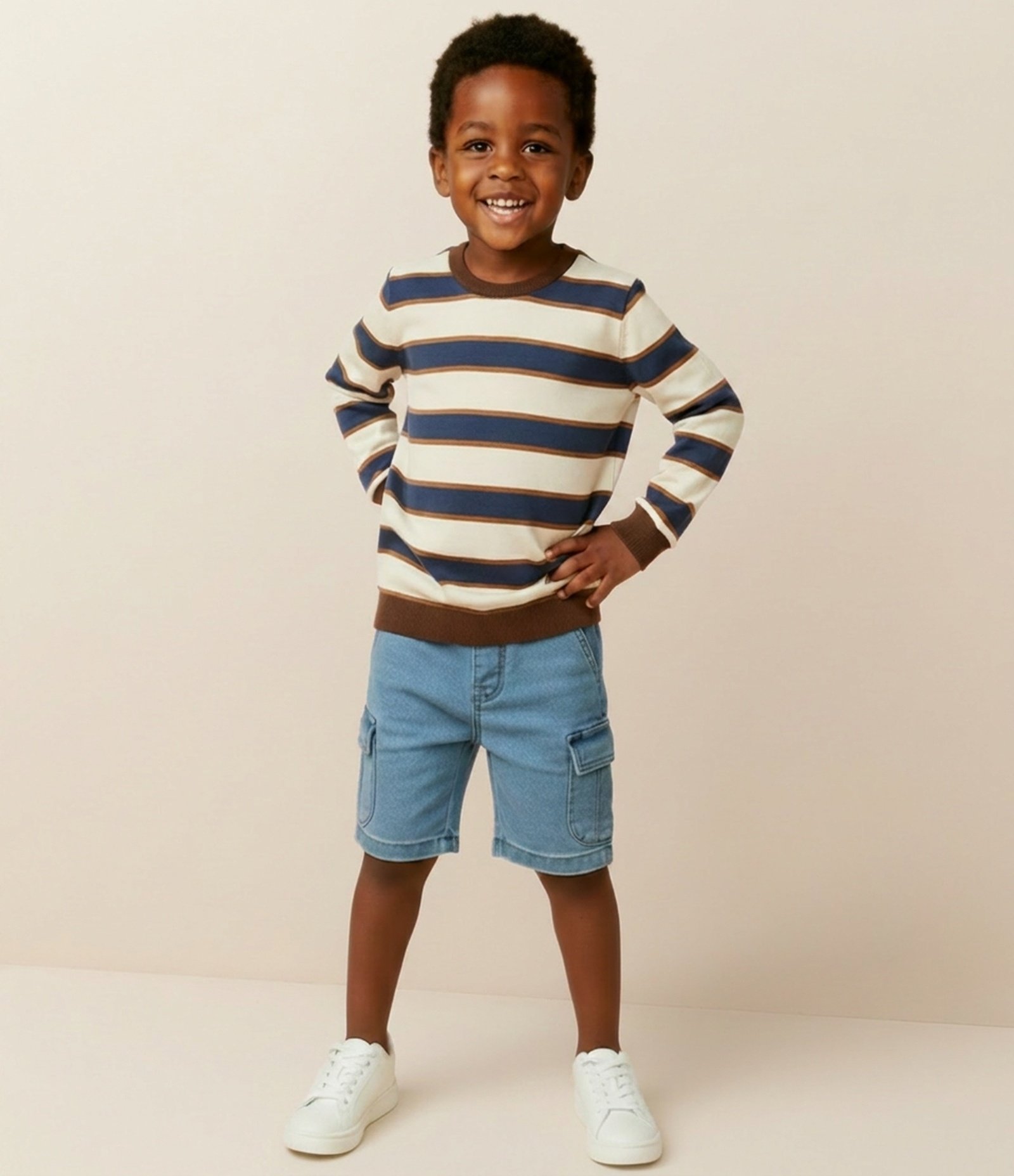 Camiseta Infantil Listrada em Suedine – Tam 1 a 6 Anos Bege 1
