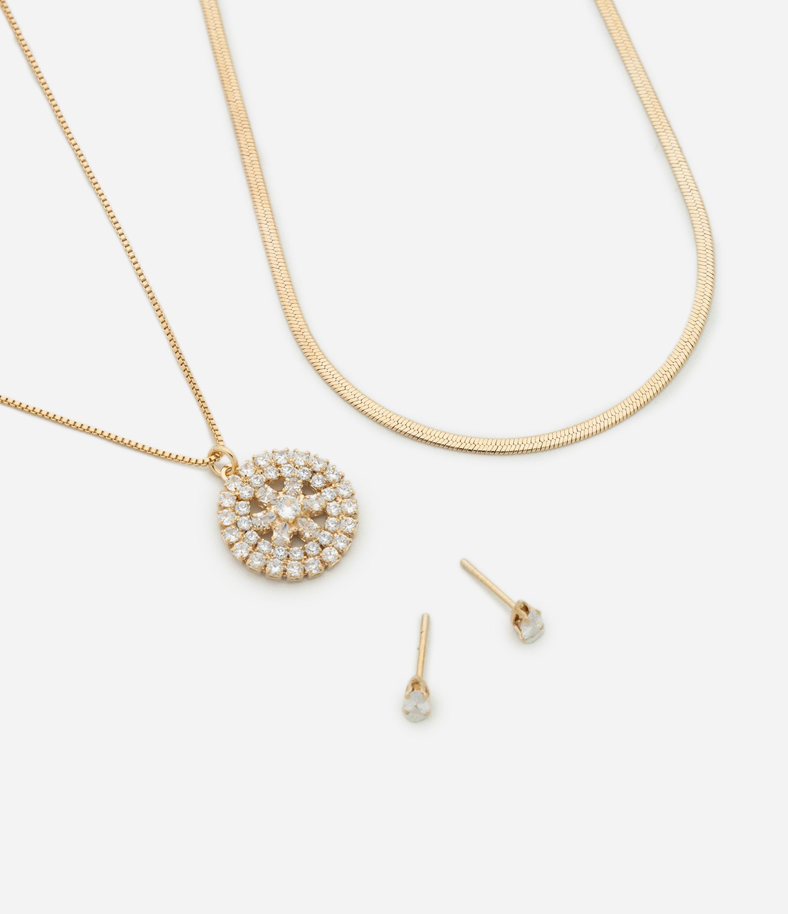 Conjunto Colar Duas Camadas e Brinco Ponto de Luz em Zircônia Dourado 1
