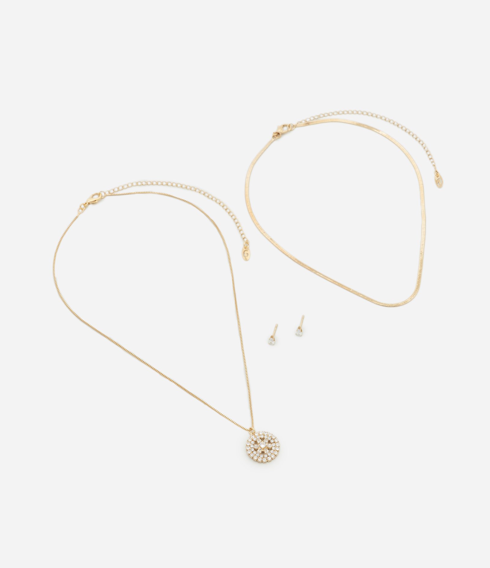 Conjunto Colar Duas Camadas e Brinco Ponto de Luz em Zircônia Dourado 2