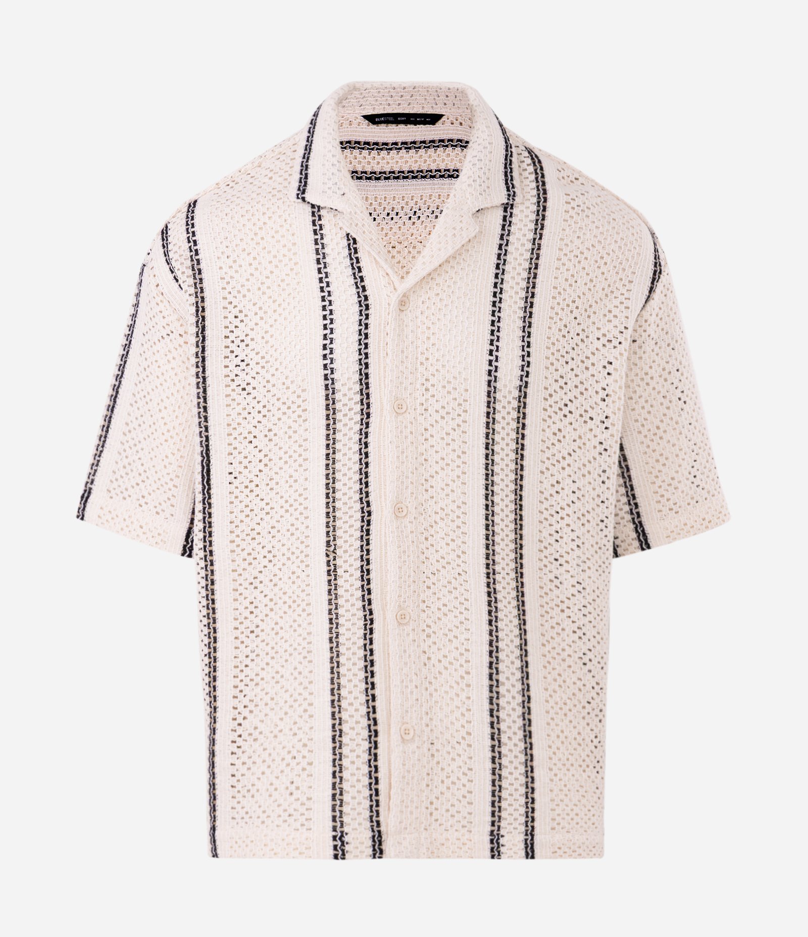 Camisa Boxy Listrada em Tricô Vazado Bege Claro 5