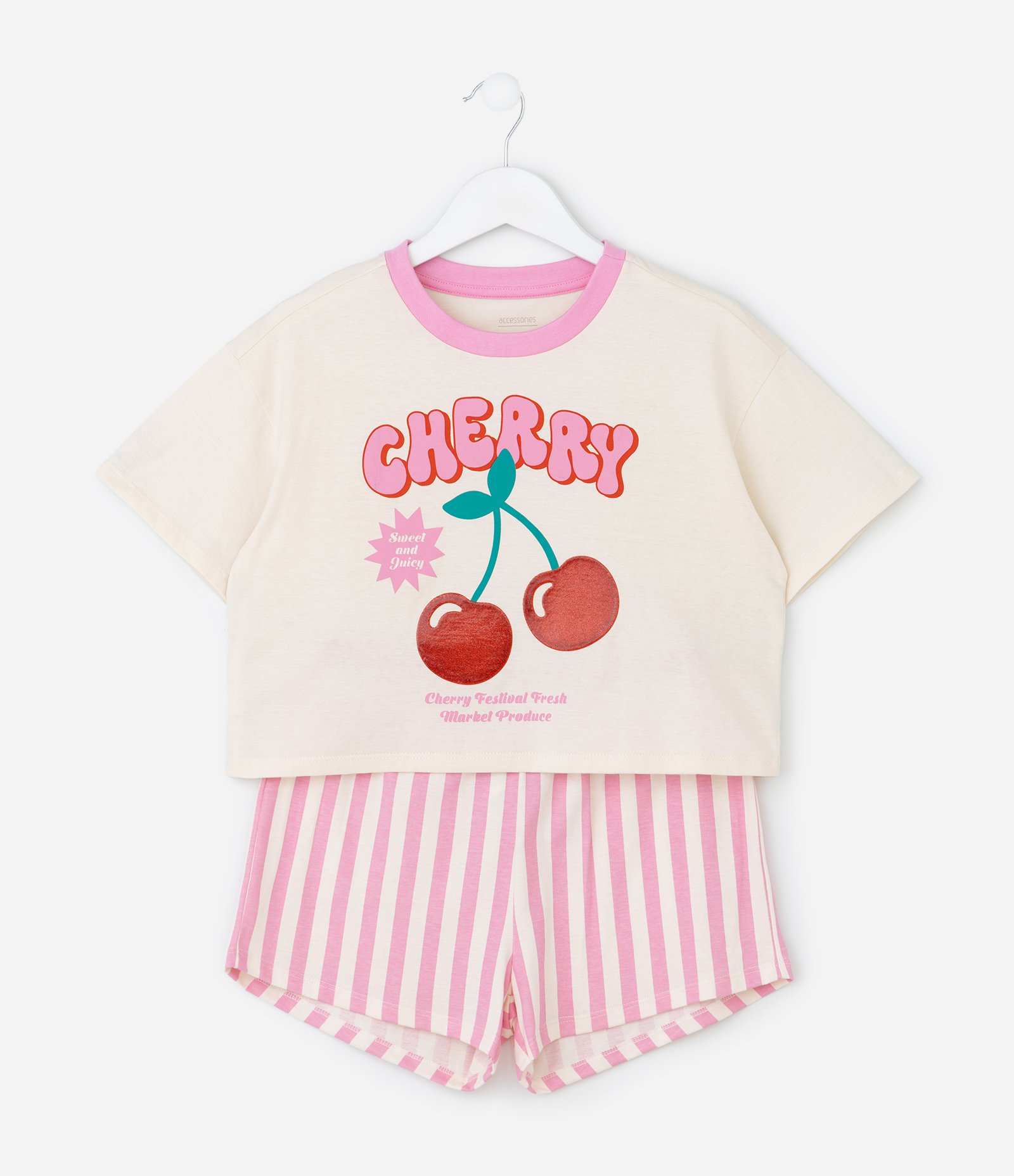 Pijama Infantil Blusa com Estampa Cereja e Short Listrado – Tam 7 a 16 Anos Bege/Rosa 1