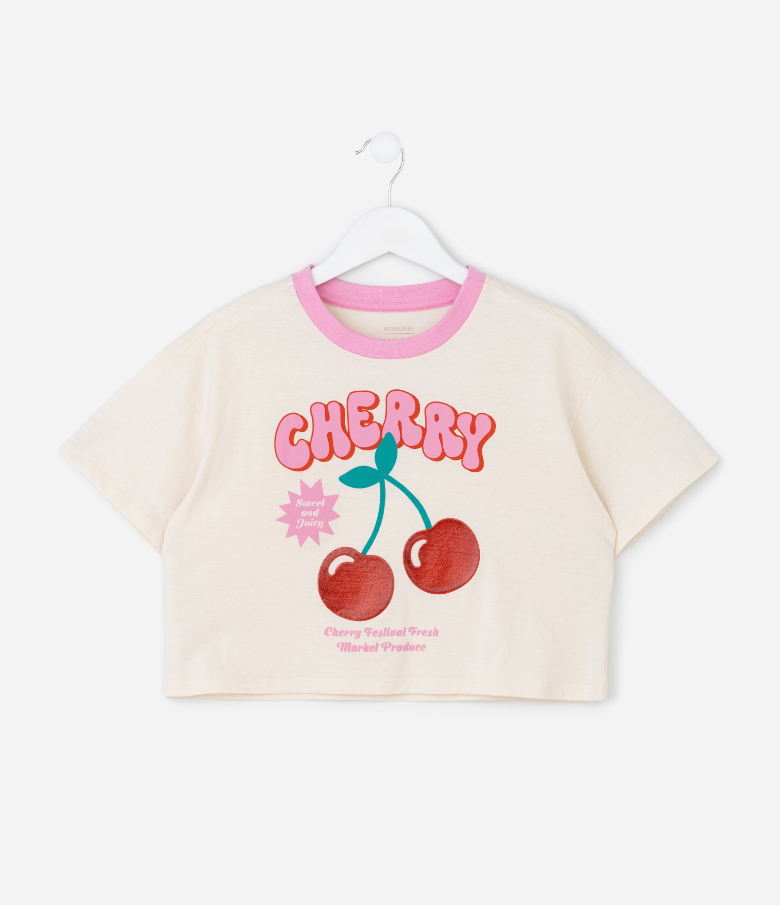Pijama Infantil Blusa com Estampa Cereja e Short Listrado – Tam 7 a 16 Anos Bege/Rosa 2