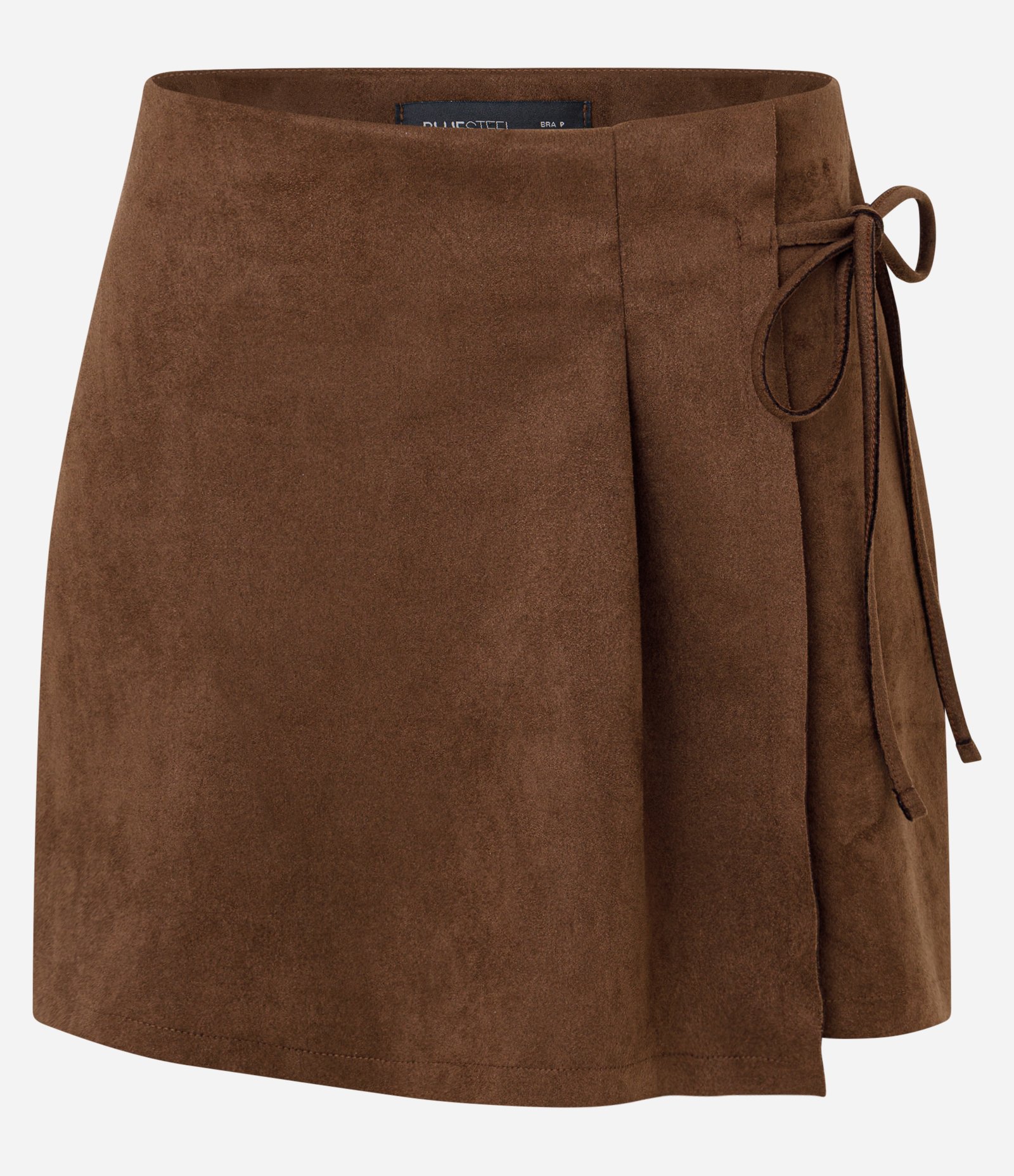 Short Saia Reto em Suede com Drapeado e Laço Marrom 5
