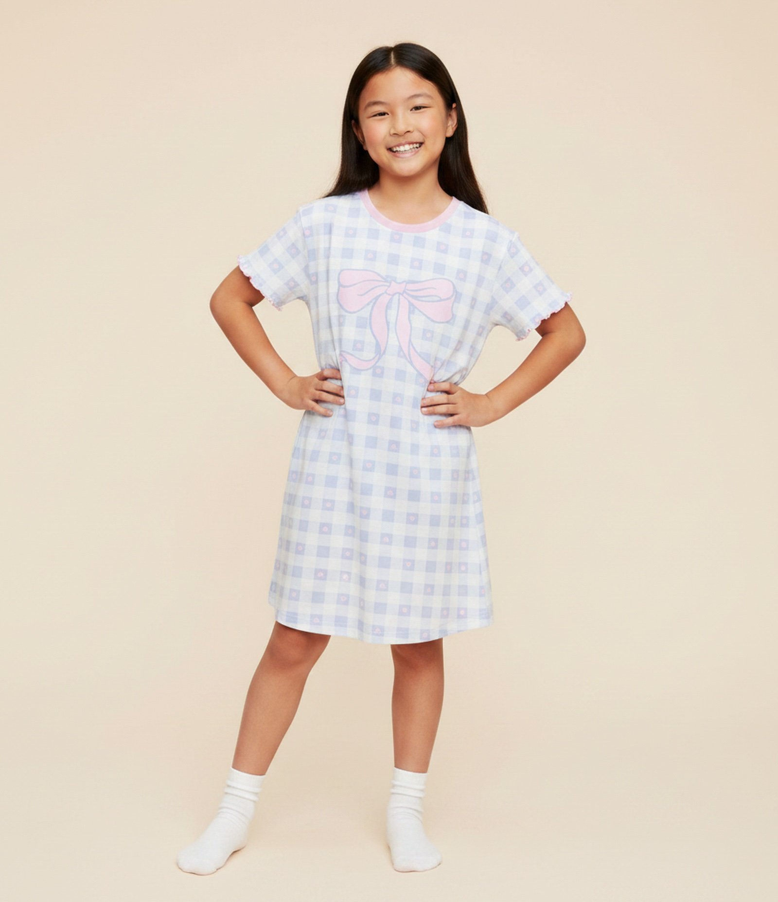 Camisola Infantil com Estampa Xadrez Vichy Corações e Laço – Tam 5 a 14 Anos Azul/Branco 1