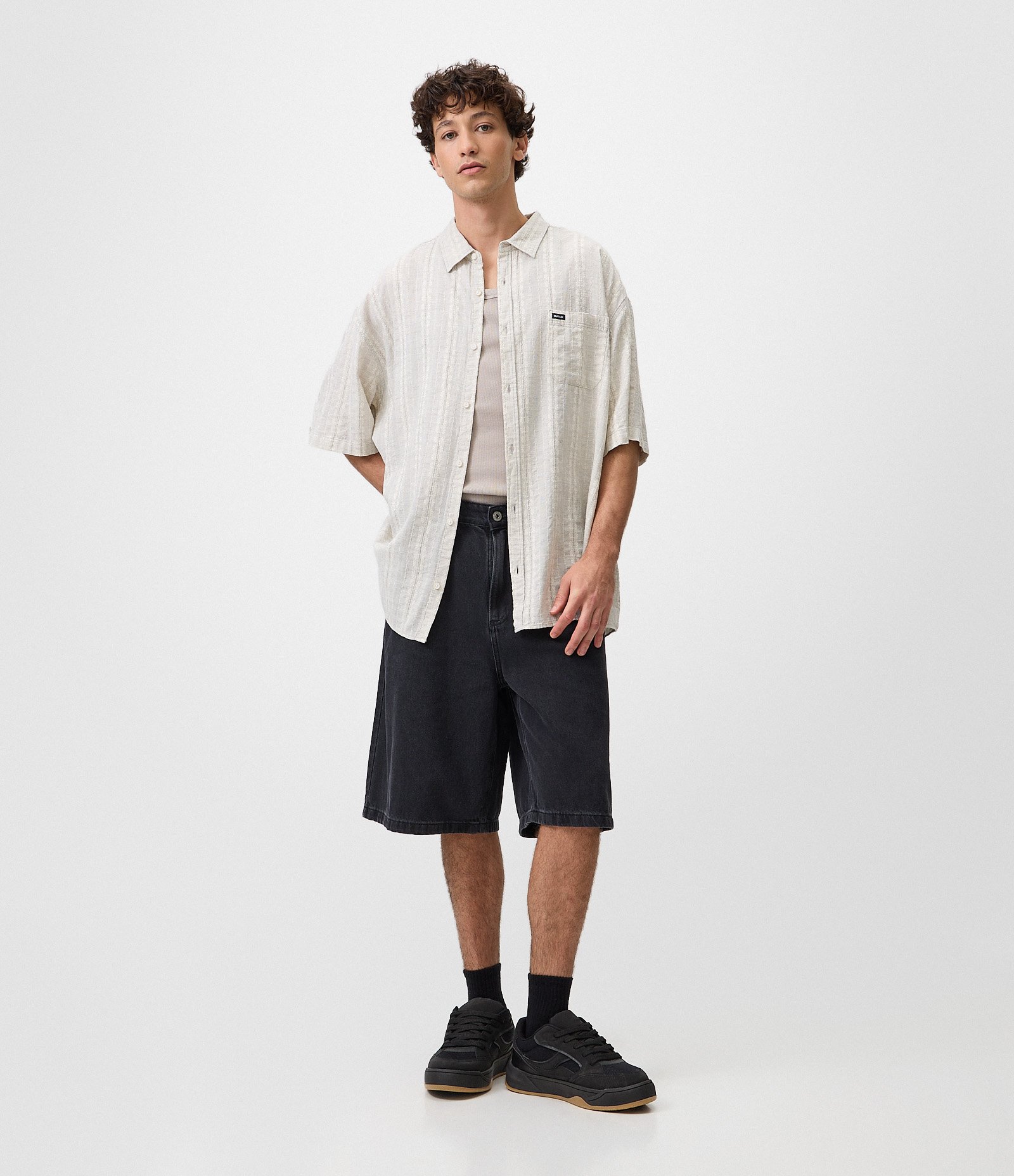 Camisa Boxy em Jacquard Listrada Bege 2