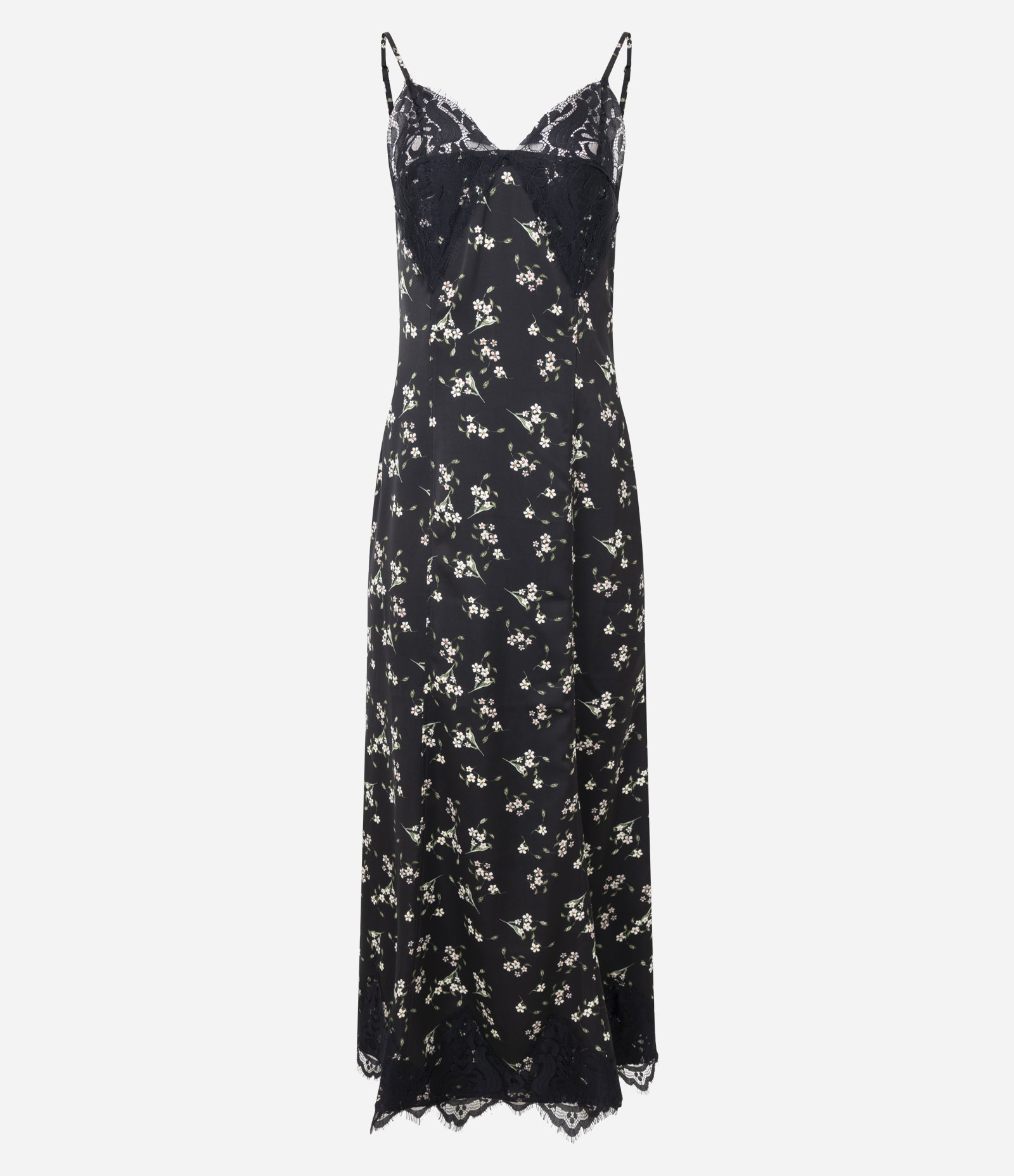 Vestido Midi em Cetim com Estampa Floral e Detalhe em Renda Preto 5