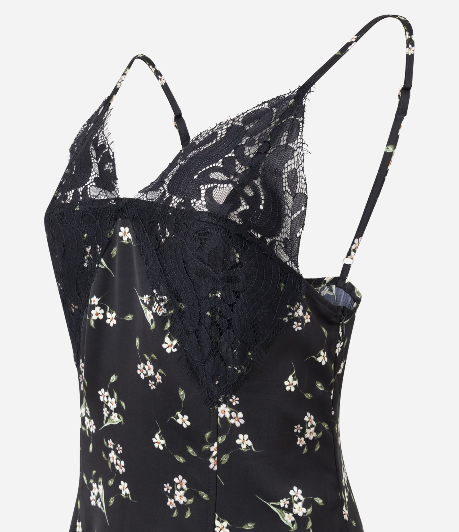 Vestido Midi em Cetim com Estampa Floral e Detalhe em Renda Preto 6