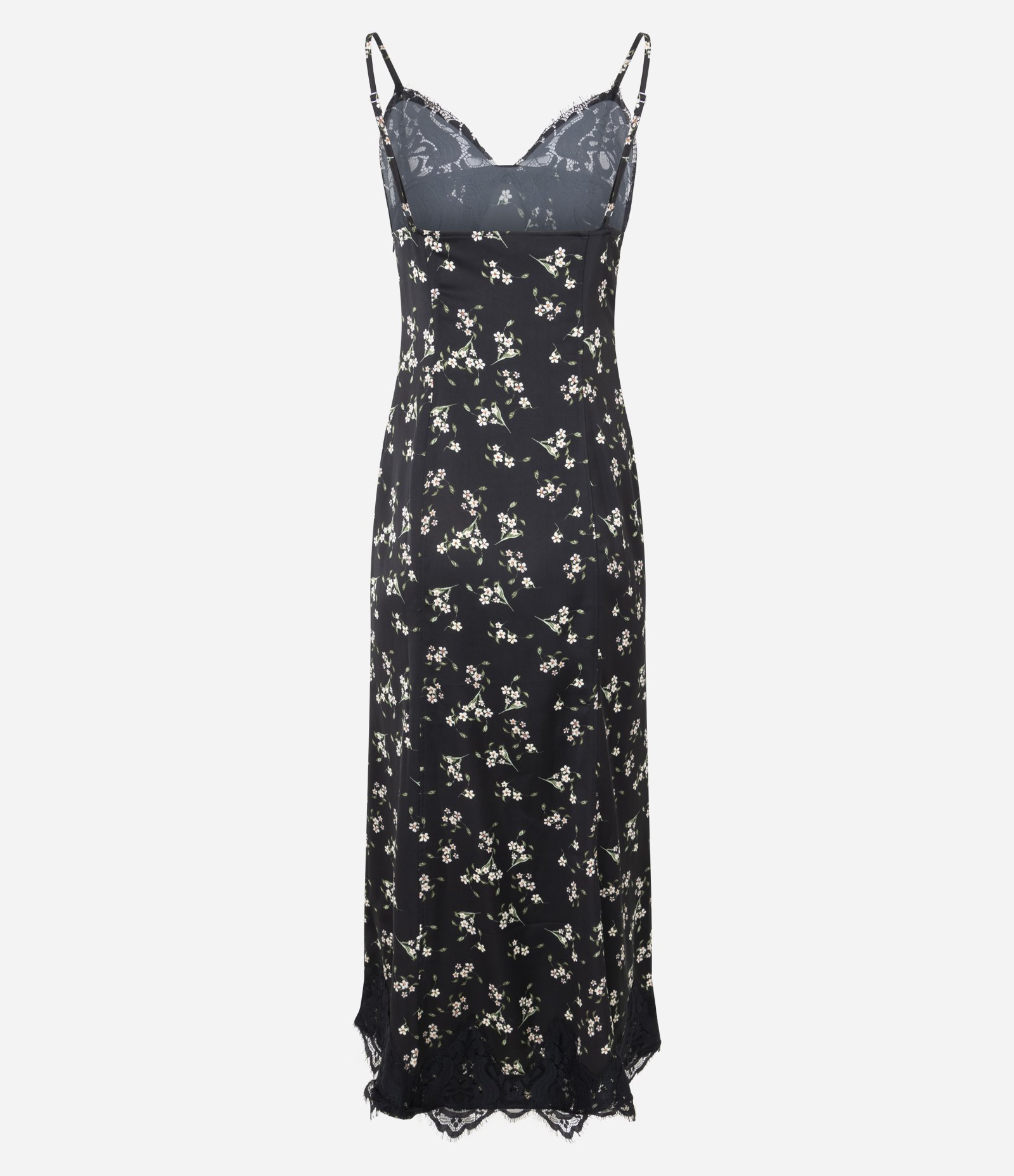 Vestido Midi em Cetim com Estampa Floral e Detalhe em Renda Preto 7