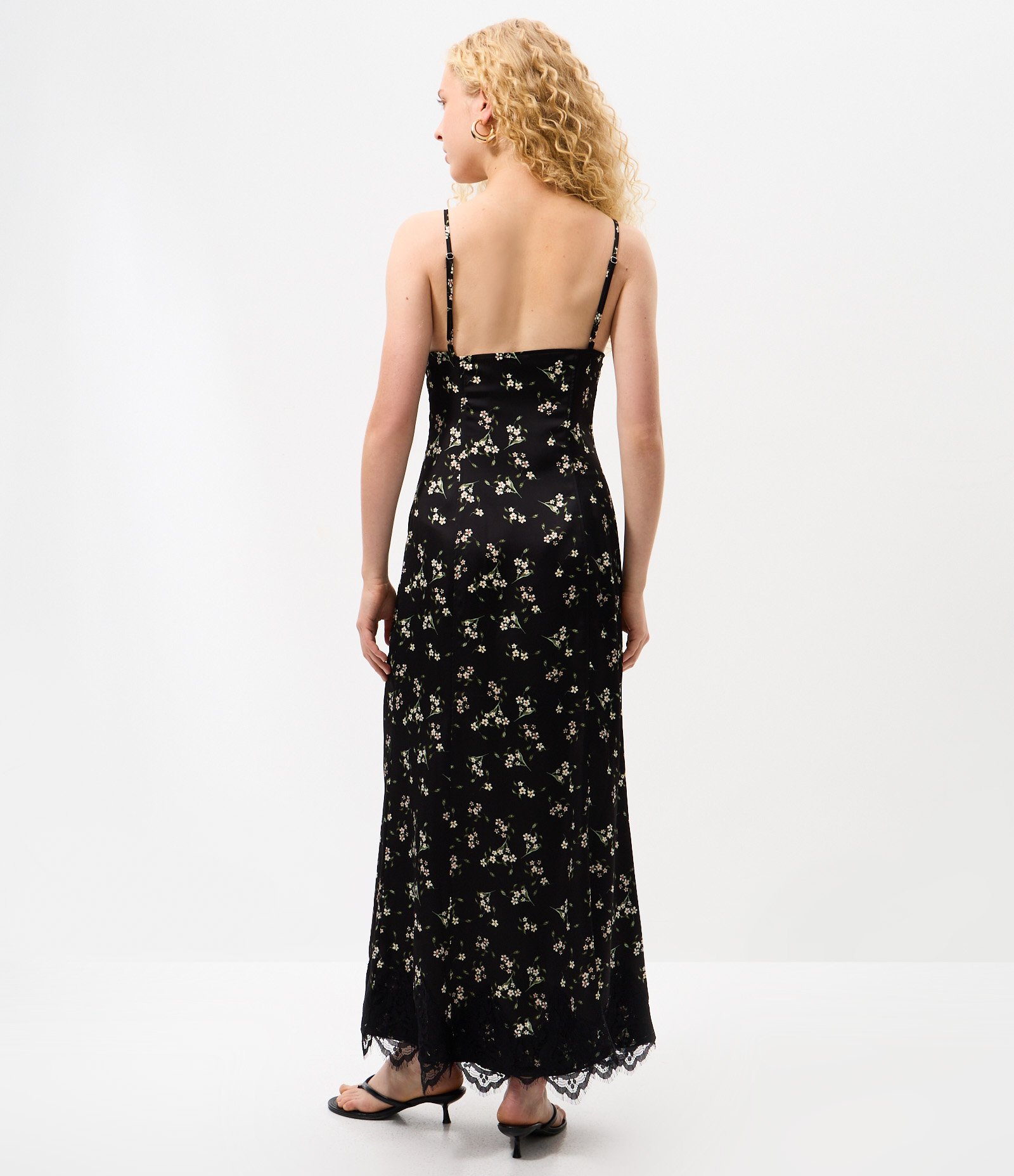 Vestido Midi em Cetim com Estampa Floral e Detalhe em Renda Preto 4