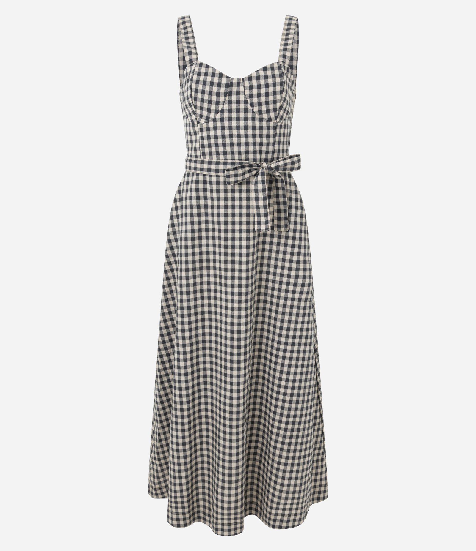 Vestido Reto Longo em Sarja Xadrez Vichy com Amarração Branco/Preto 5