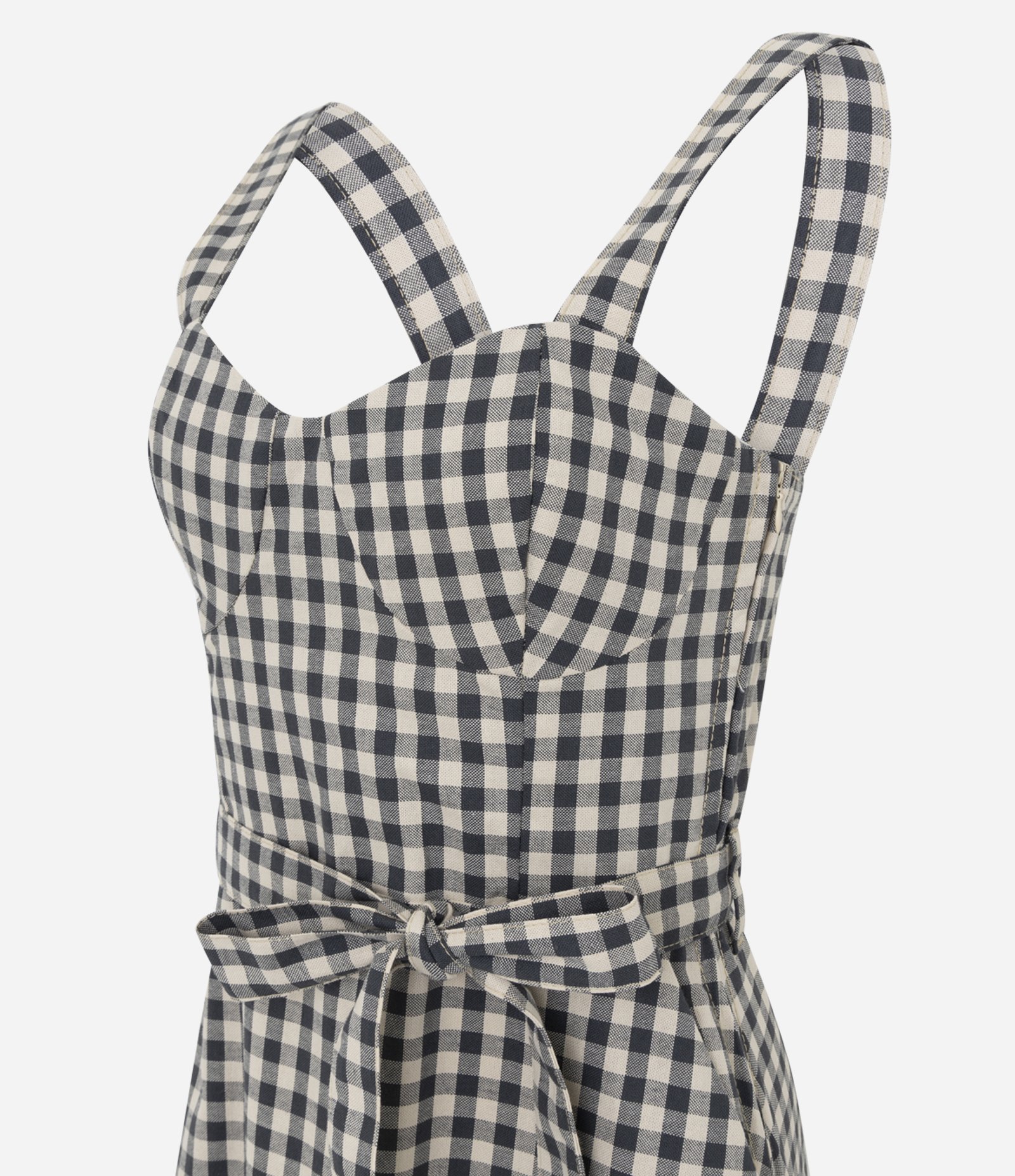 Vestido Reto Longo em Sarja Xadrez Vichy com Amarração Branco/Preto 6