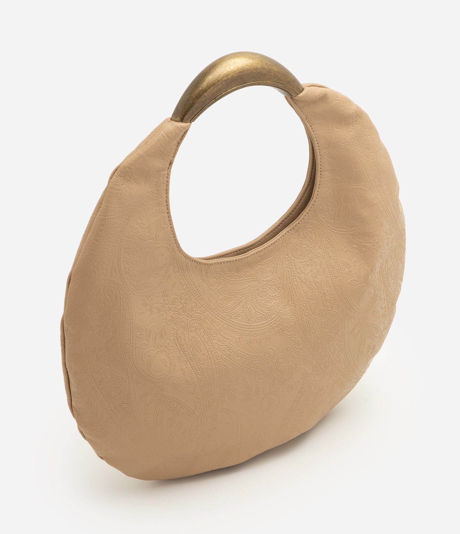 Bolsa Média com Textura Floral e Alça de Mão em Metal Bege 1