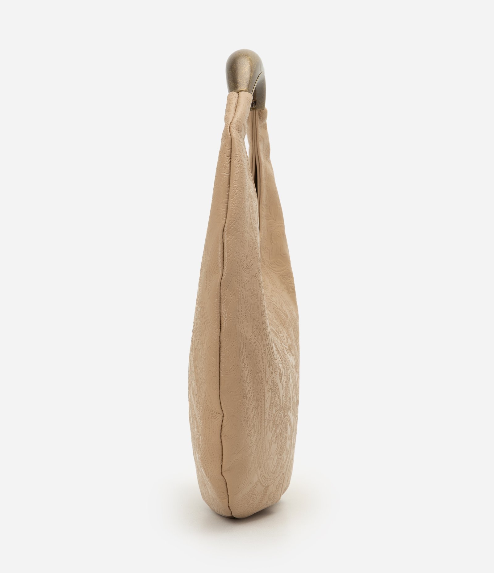 Bolsa Média com Textura Floral e Alça de Mão em Metal Bege 2