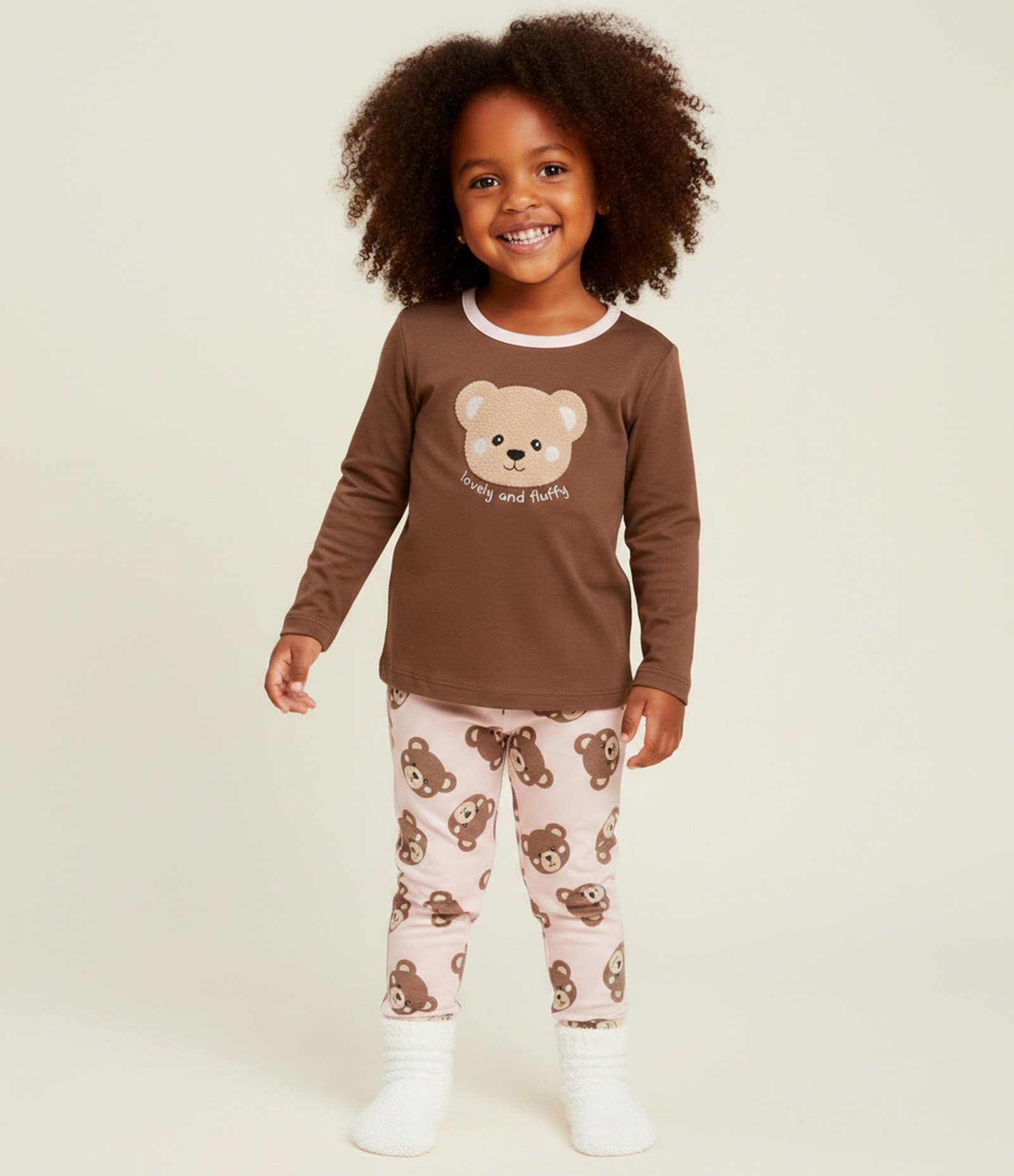 Pijama Infantil Longo em Algodão com Bordado de Ursinho - Tam 1 a 6 anos Marrom/Rosa 1