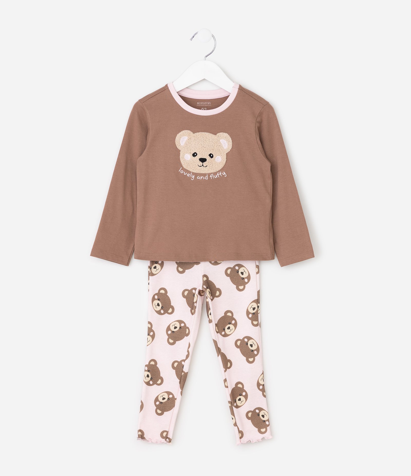 Pijama Infantil Longo em Algodão com Bordado de Ursinho - Tam 1 a 6 anos Marrom/Rosa 2