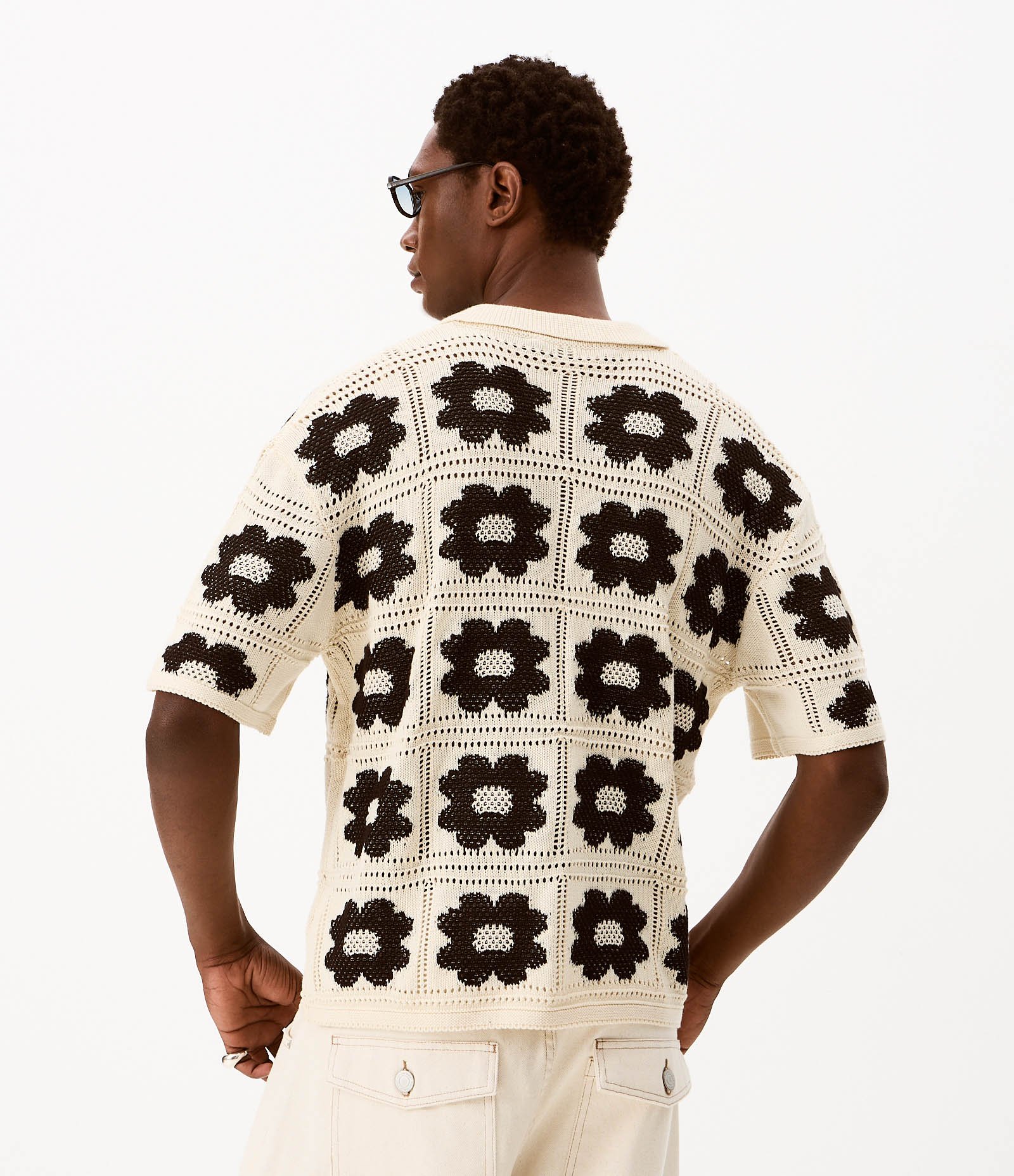 Camisa Relaxed em Crochê com Estampa Floral Contrastante Off White 3