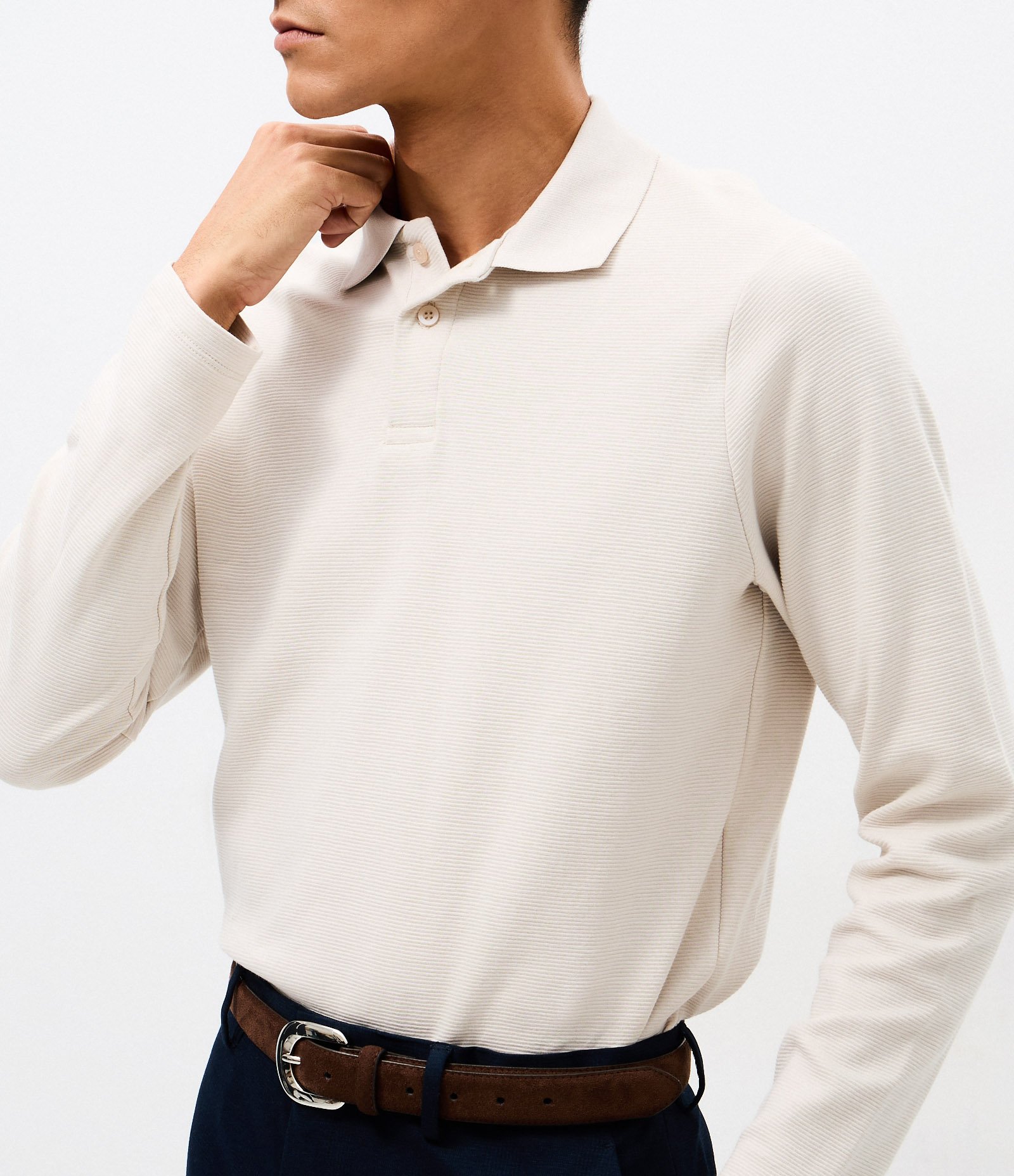 Camiseta Manga Longa Polo Texturizada Ottoman Bege 3