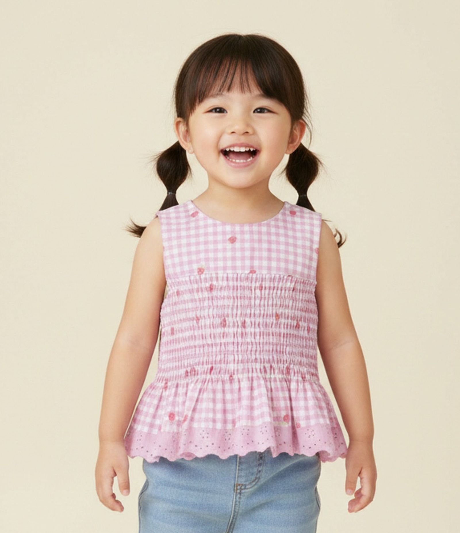 Blusa Slim Infantil Xadrez Vichy com Morangos e Babado – Tam 1 a 6 Anos Rosa 1