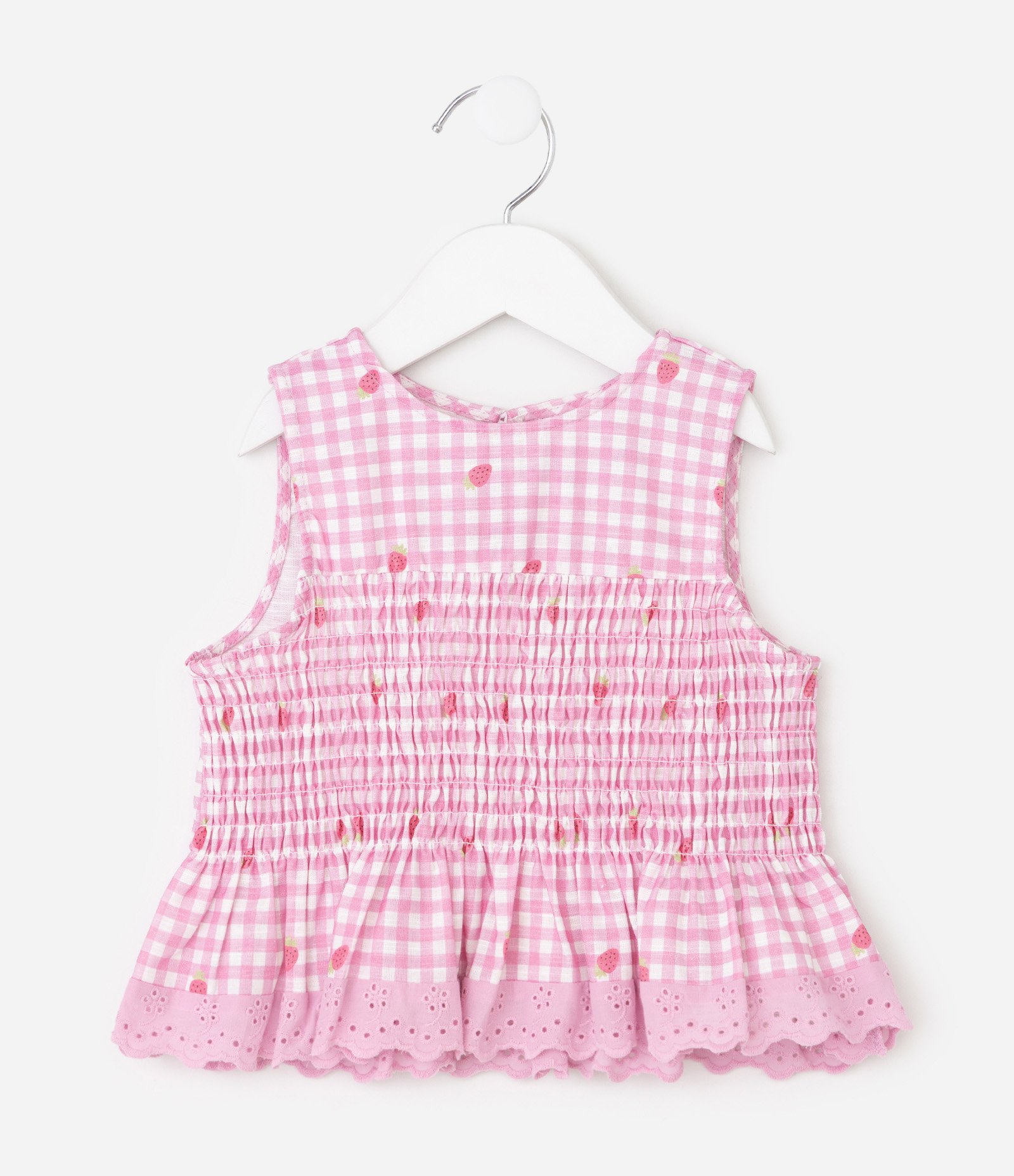 Blusa Slim Infantil Xadrez Vichy com Morangos e Babado – Tam 1 a 6 Anos Rosa 2
