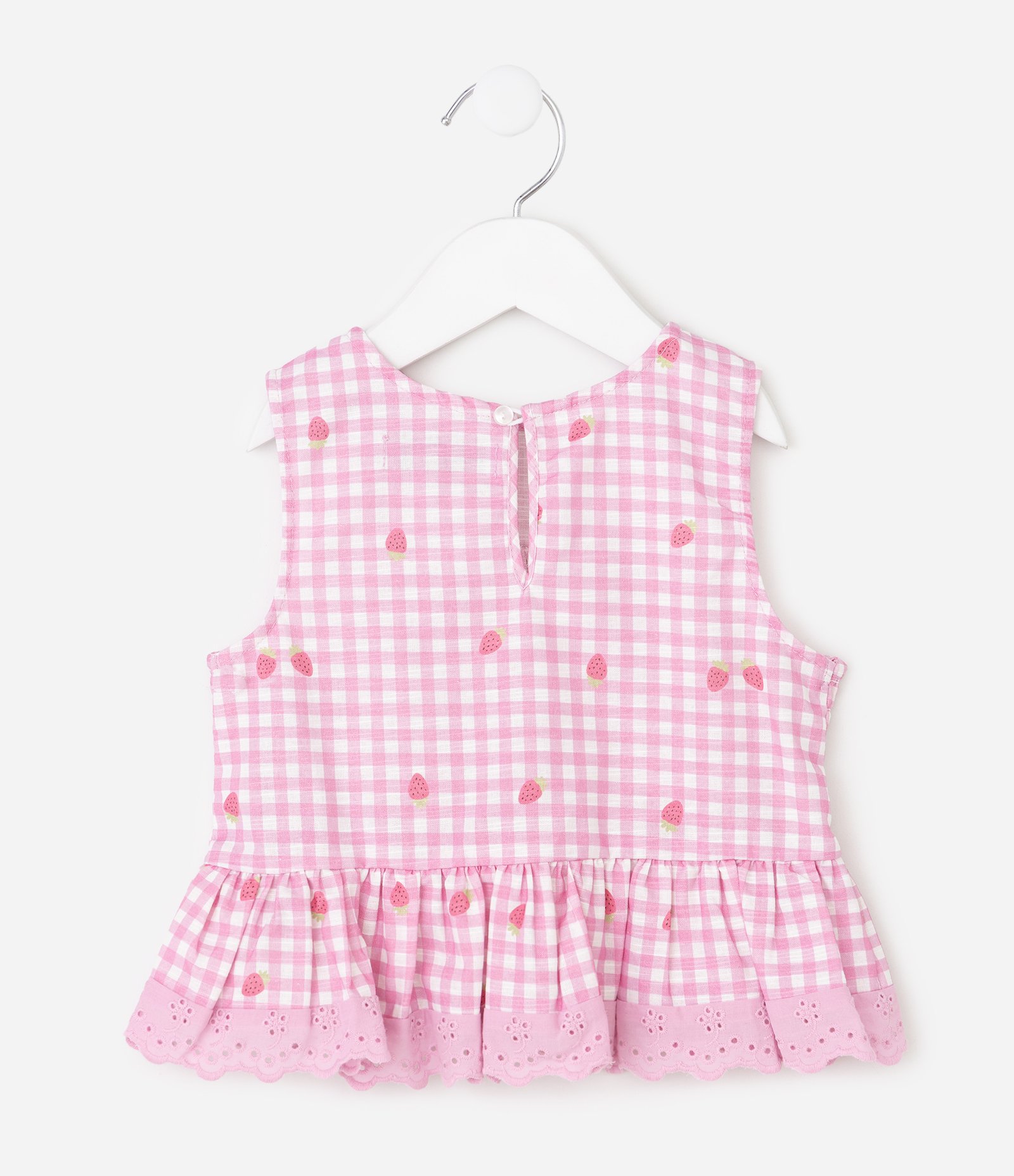Blusa Slim Infantil Xadrez Vichy com Morangos e Babado – Tam 1 a 6 Anos Rosa 3