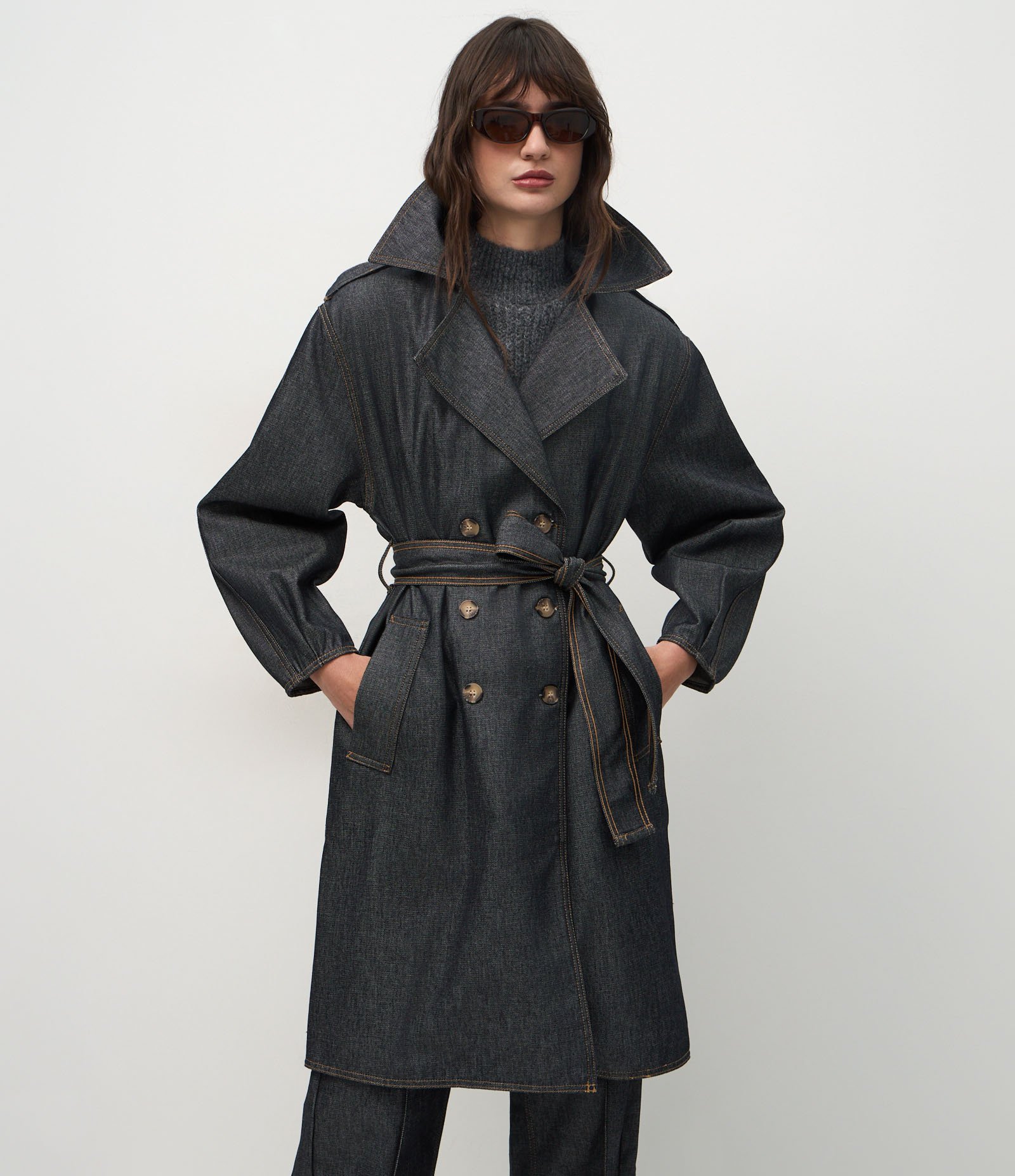 Trench Coat Longa em Jeans com Cinto Ajustável Preto 1