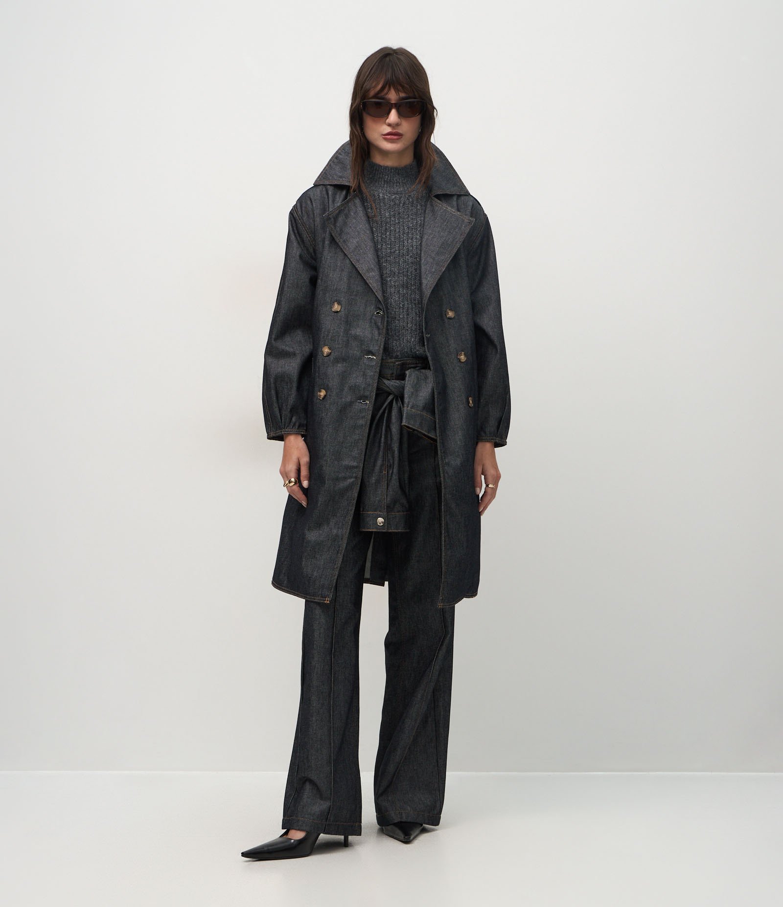 Trench Coat Longa em Jeans com Cinto Ajustável Preto 2
