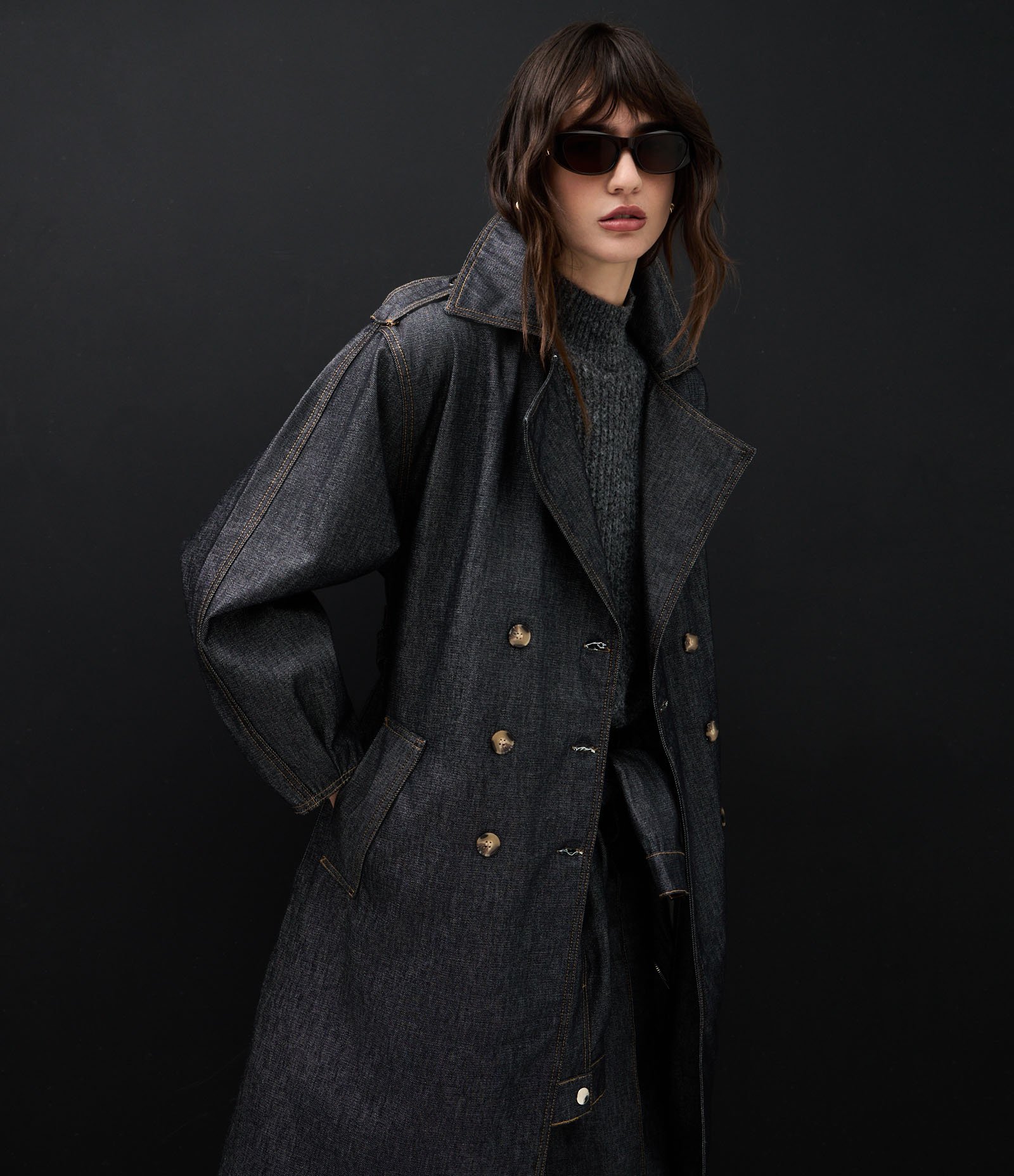 Trench Coat Longa em Jeans com Cinto Ajustável Preto 5