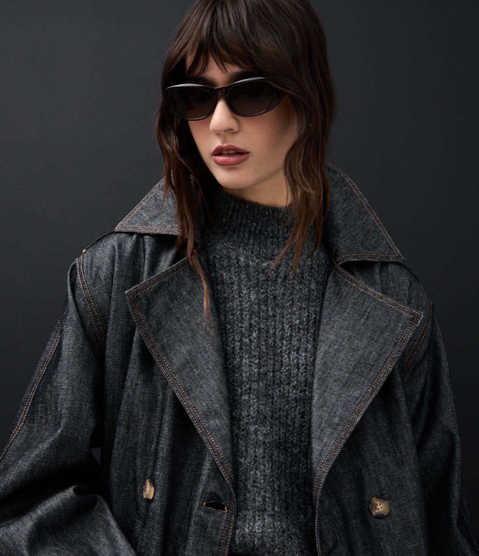 Trench Coat Longa em Jeans com Cinto Ajustável Preto 6