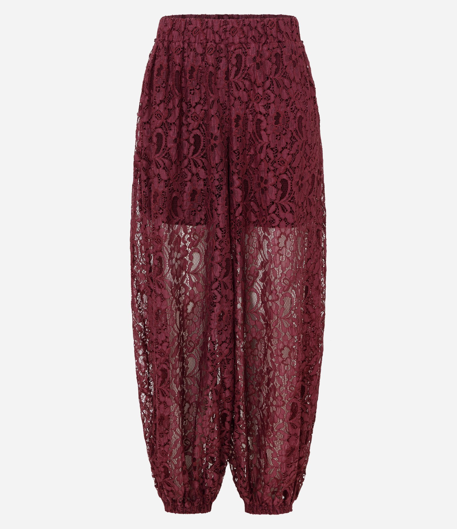 Calça Aladim em Renda Floral com Cós Elástico Vinho 5