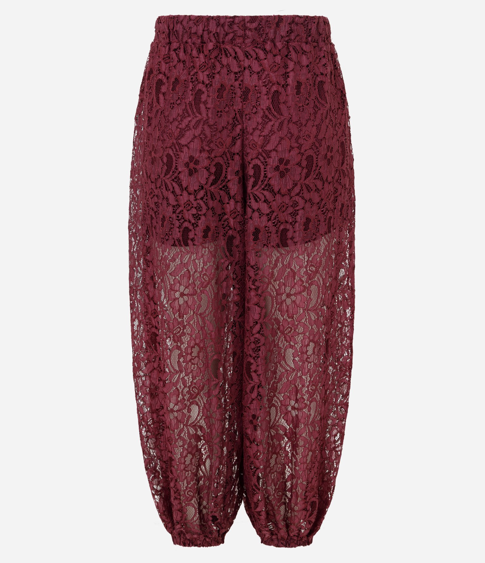Calça Aladim em Renda Floral com Cós Elástico Vinho 7