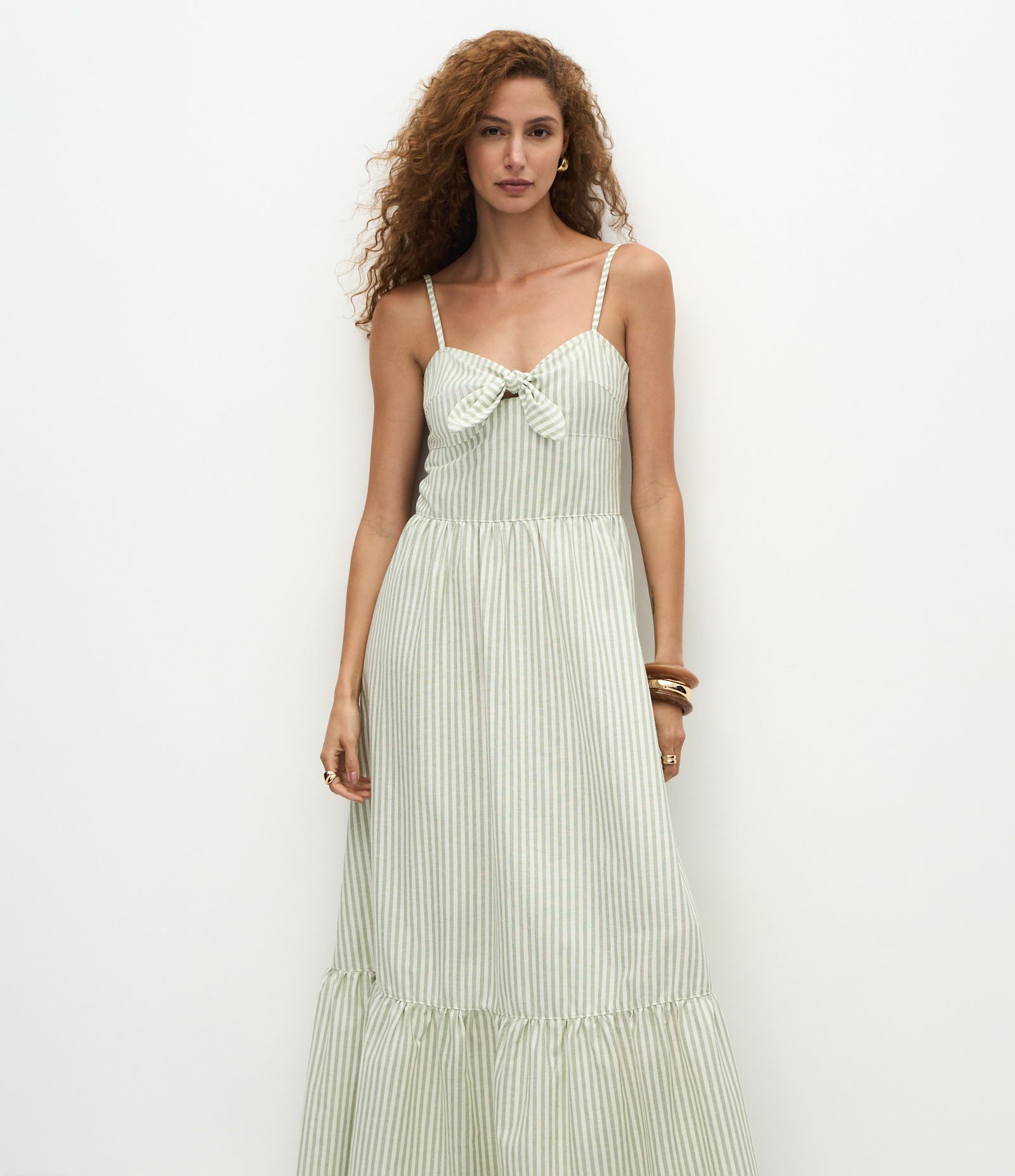 Vestido Longo Maquinetado Listrado com Laço no Busto Verde Claro 1