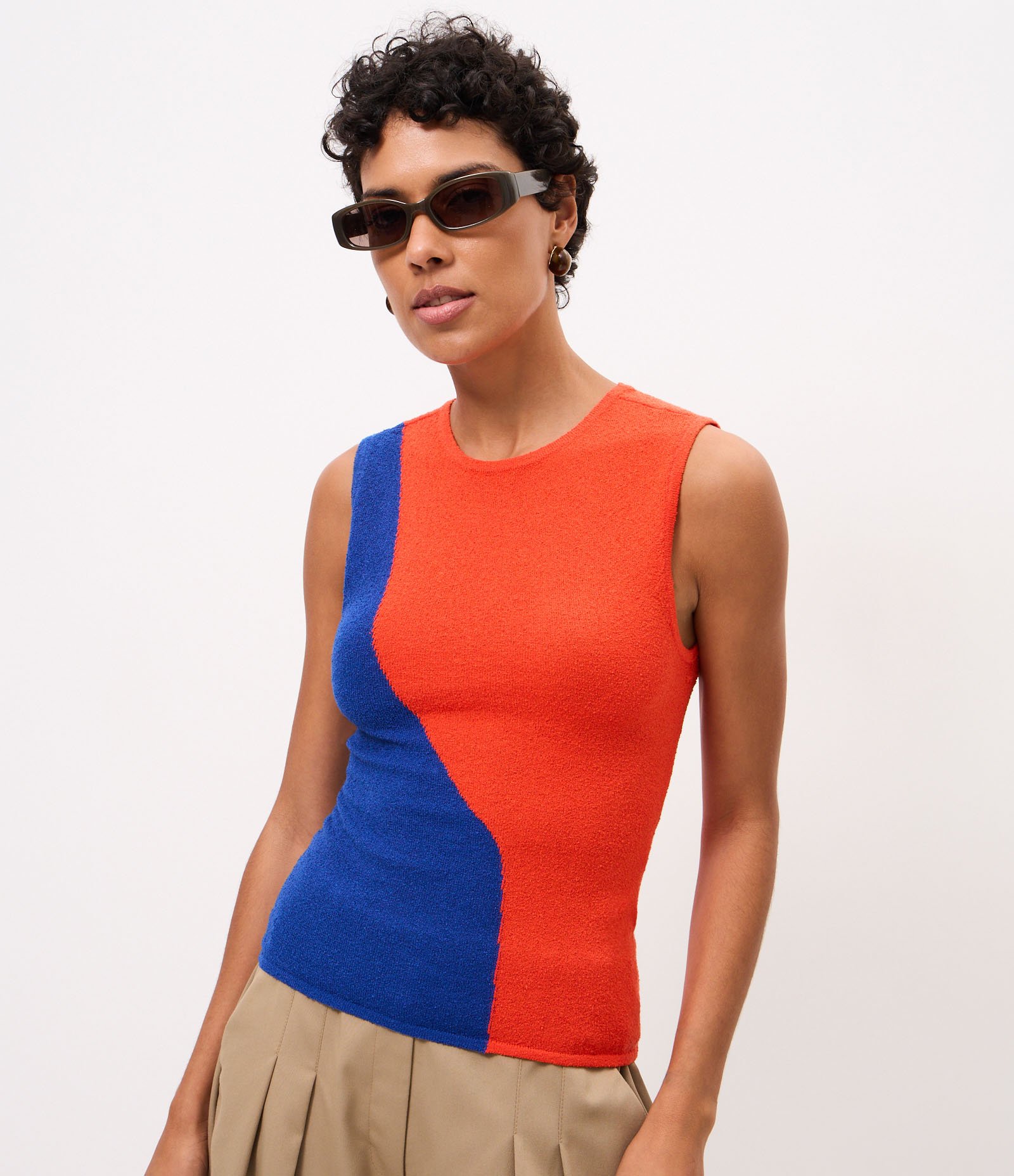 Blusa Regular em Tricô com Recorte Ondulado Laranja/Azul 3